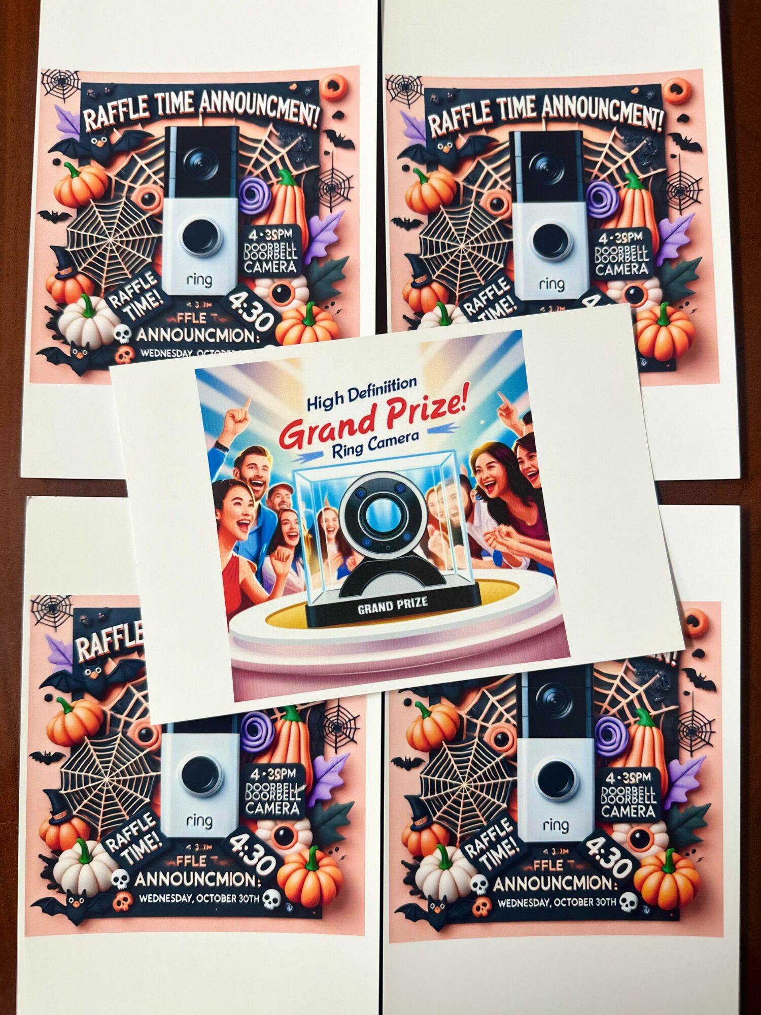 Four raffle tickets with Halloween-themed designs and a central promotional card for a grand prize camera.