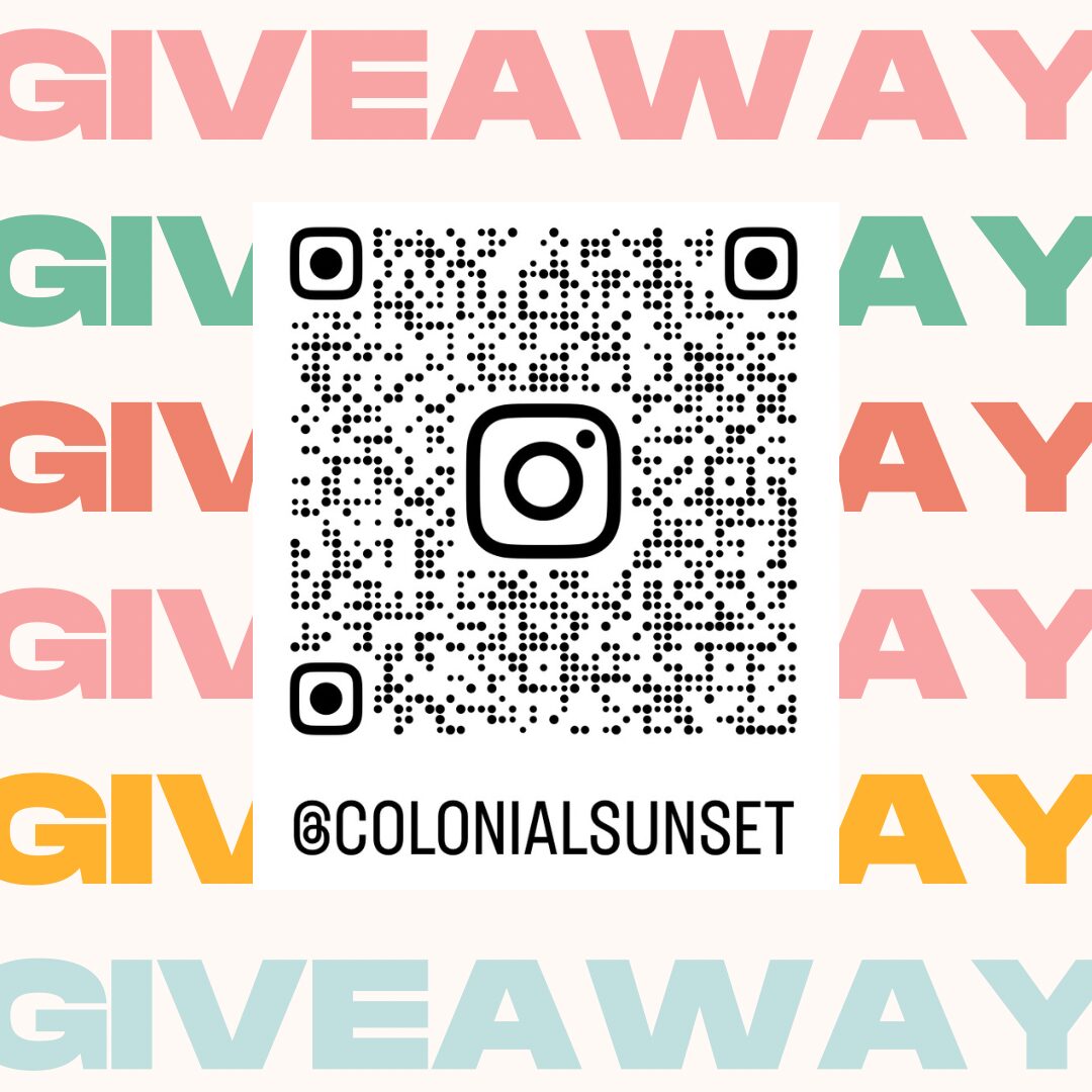 QR code with Instagram logo in the center and text '@COLONIALSUNSET' below, surrounded by colorful 'GIVEAWAY' and 'AY' text.