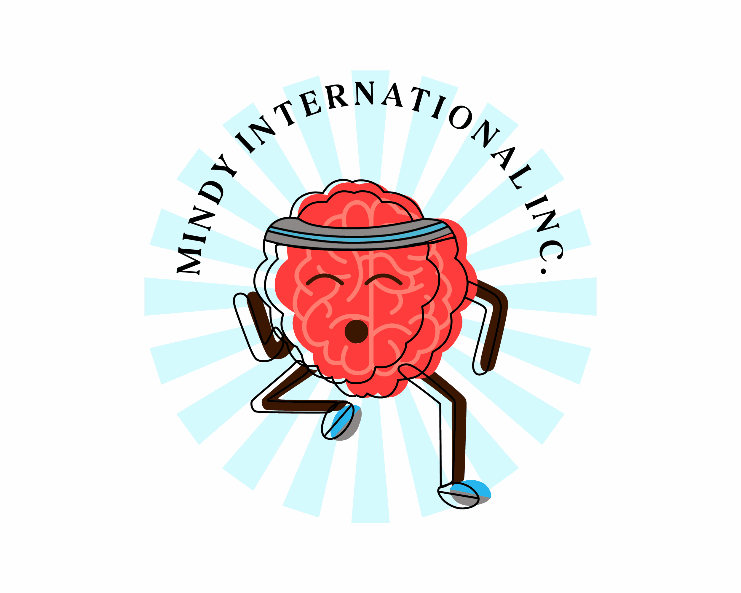 Cartoon brain with arms and legs, running with a determined expression, surrounded by light blue rays, and text above.