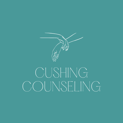 Line drawing of two hands gently touching, with text 'Cushing Counseling' below, on teal background.