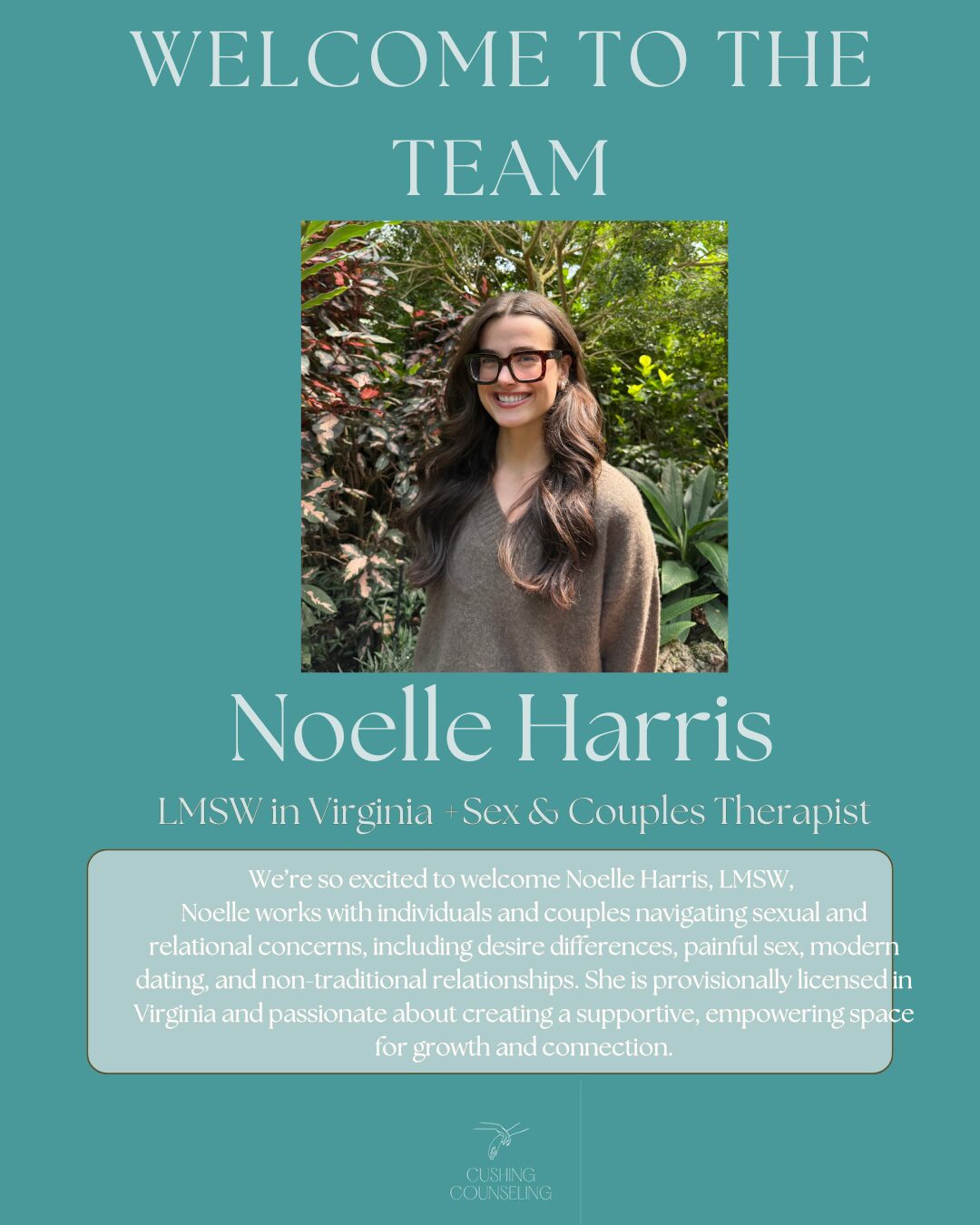 Smiling woman with glasses outdoors, surrounded by greenery, wearing a gray sweater, in a welcome announcement image.