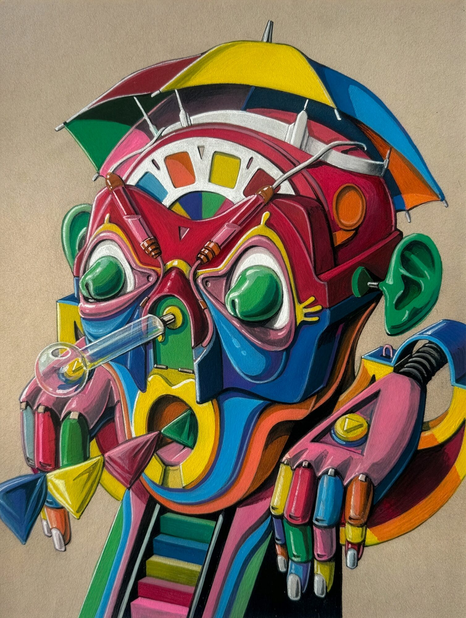 Colorful abstract robot with large eyes, multiple limbs, and a rainbow umbrella-like head covering, set against a plain background.