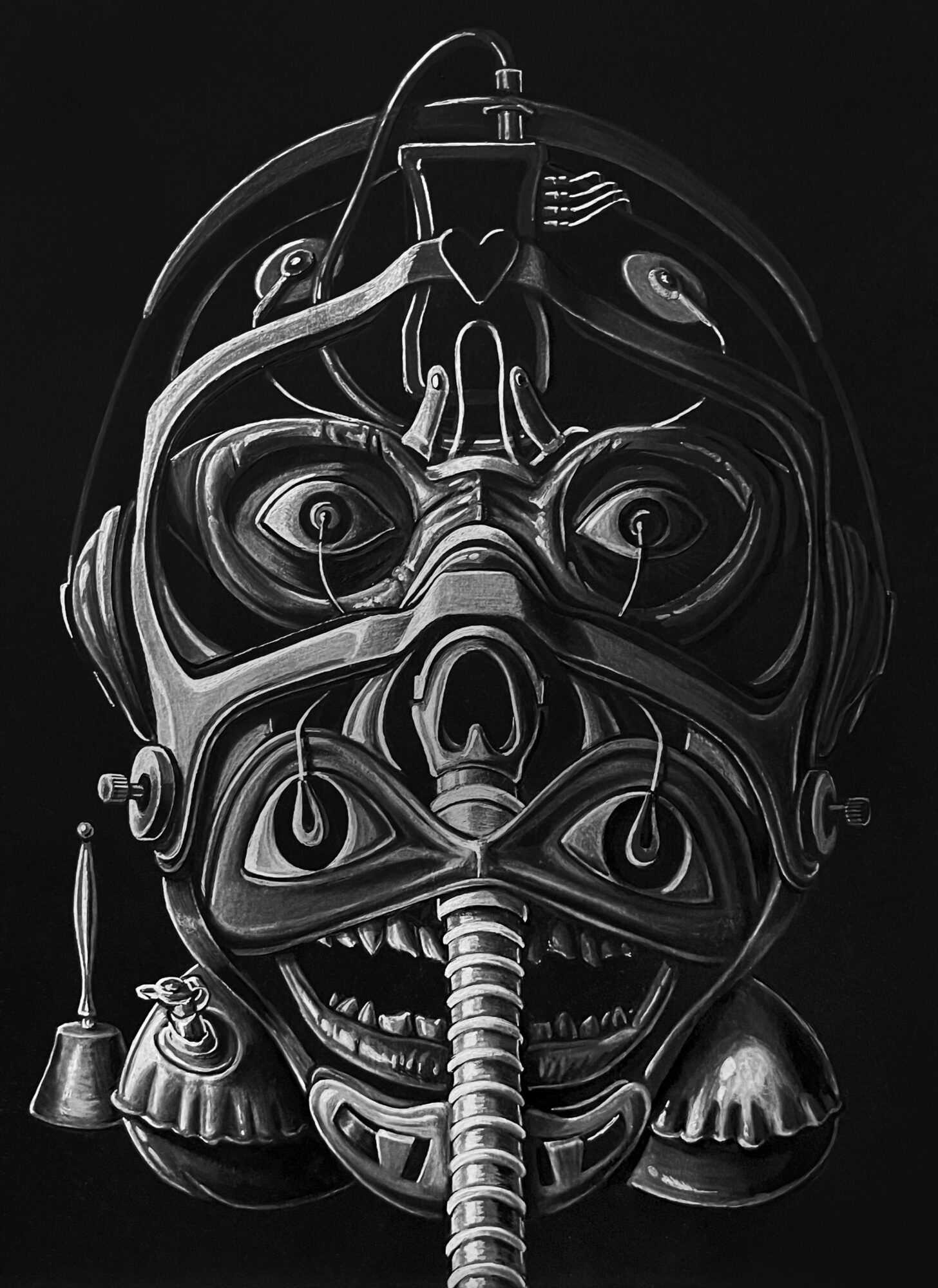 Intricate black and white mask with detailed facial features, pipes, and decorative elements, set against a dark background.