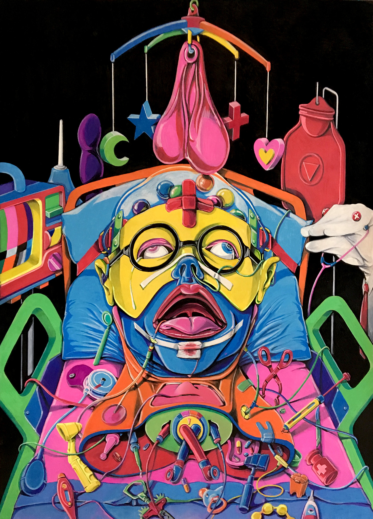 A colorful, surreal scene with a person wearing a mask, surrounded by various objects and vibrant colors.