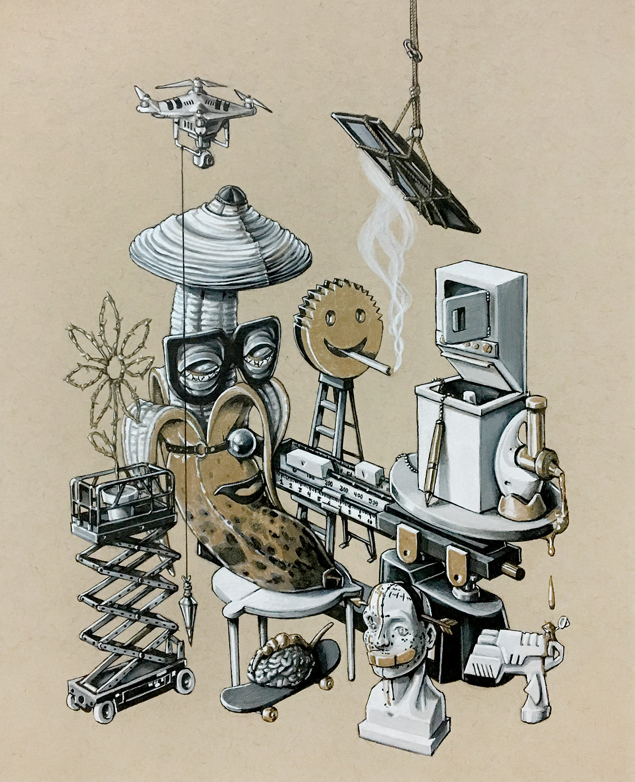 Collection of vintage and modern objects including a drone, mushroom-shaped lamp, glasses, smiley face, computer, and statue, arranged on a table.