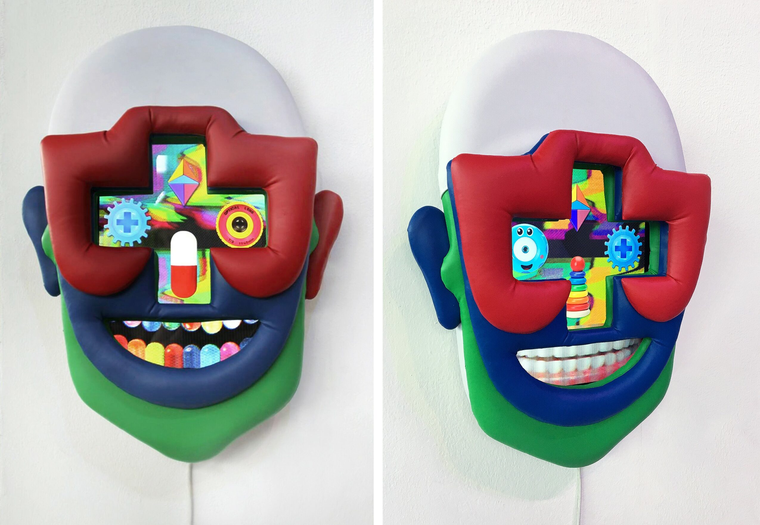 Colorful mask with a smiling face, large eyes, and geometric shapes on the forehead, viewed from the side.