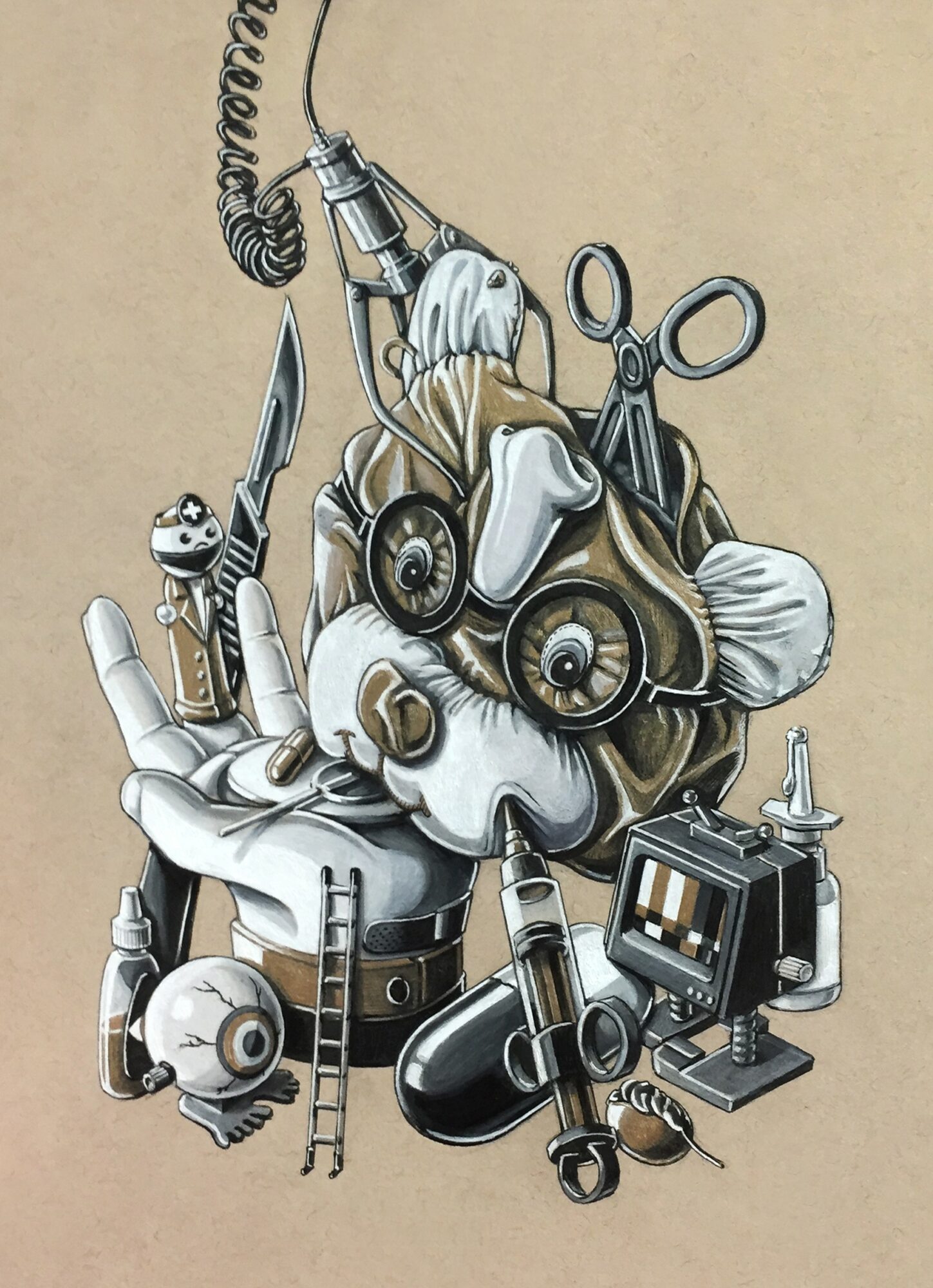 A cartoon dog with mechanical and surgical tools, a computer, and a skull, set against a beige background.