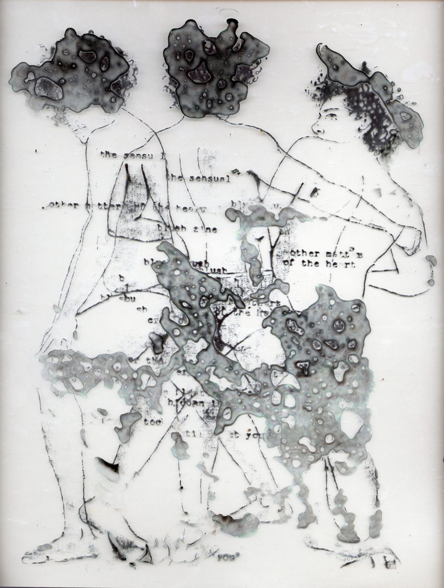 Sketch of two children with cloud-like hair, holding hands, with handwritten notes and abstract ink splashes.