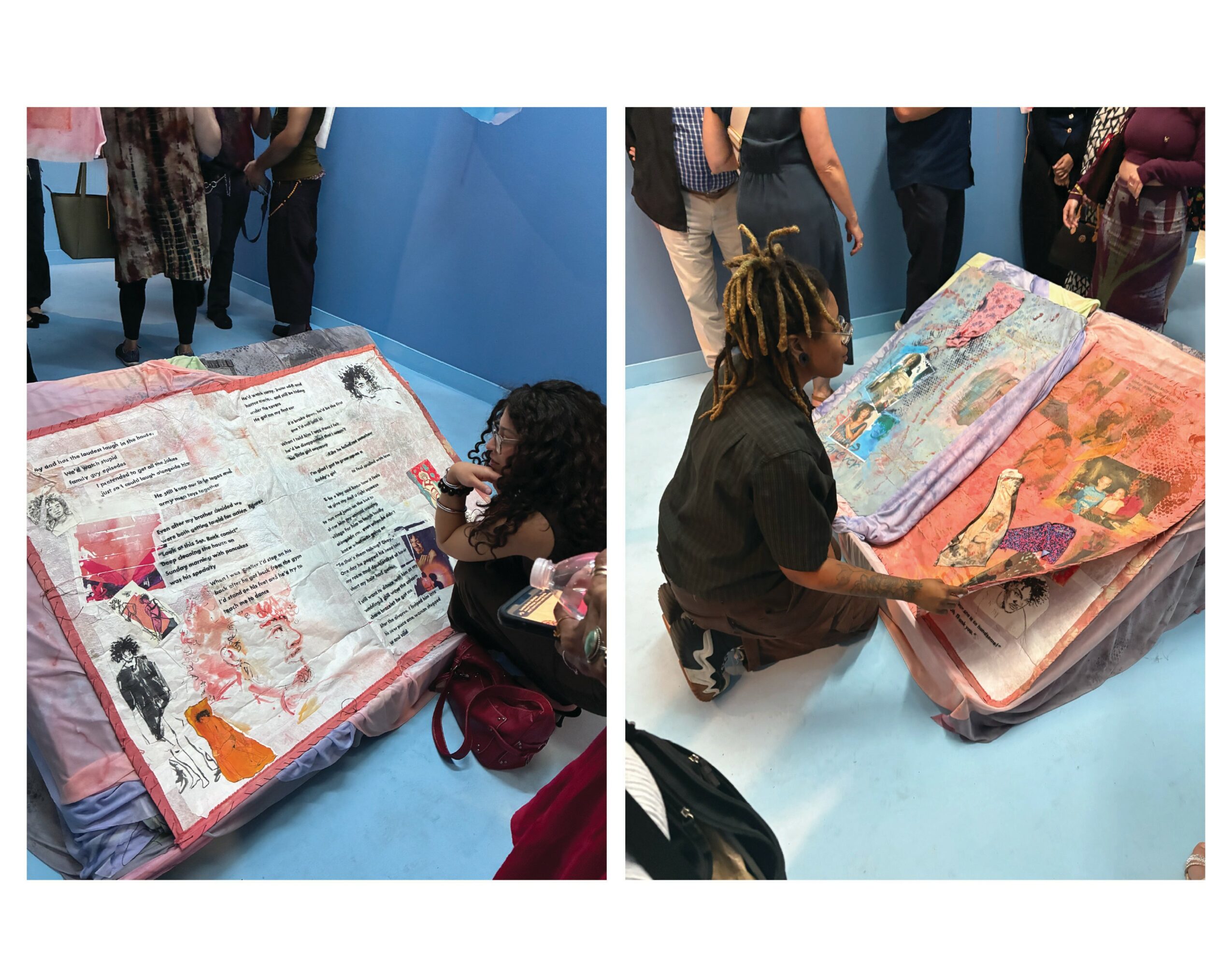 Child reading a large illustrated book at an event, with people in the background. The book is open on a table.