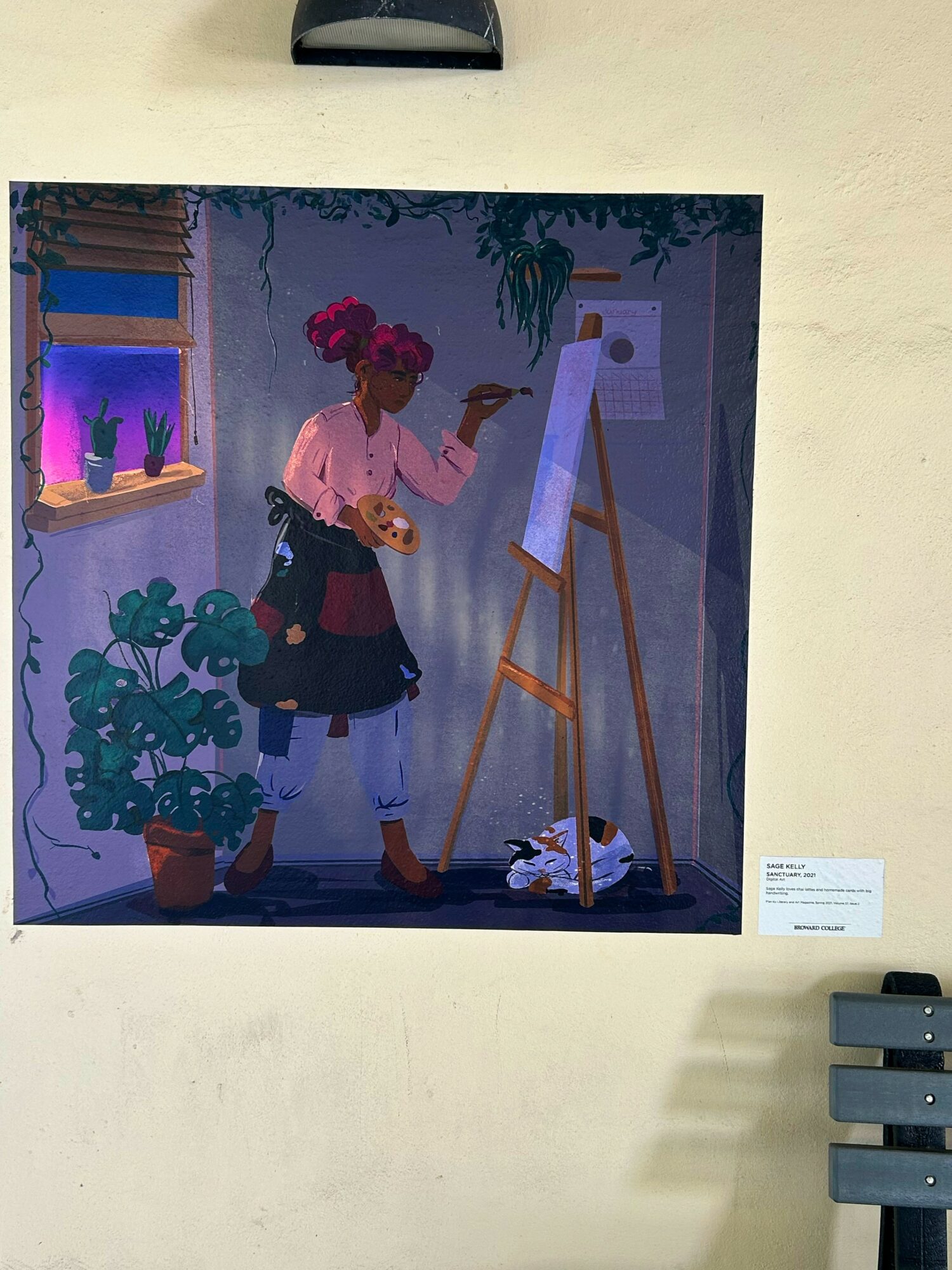 Painting of a woman painting on an easel, surrounded by plants, with a window and a cat nearby.