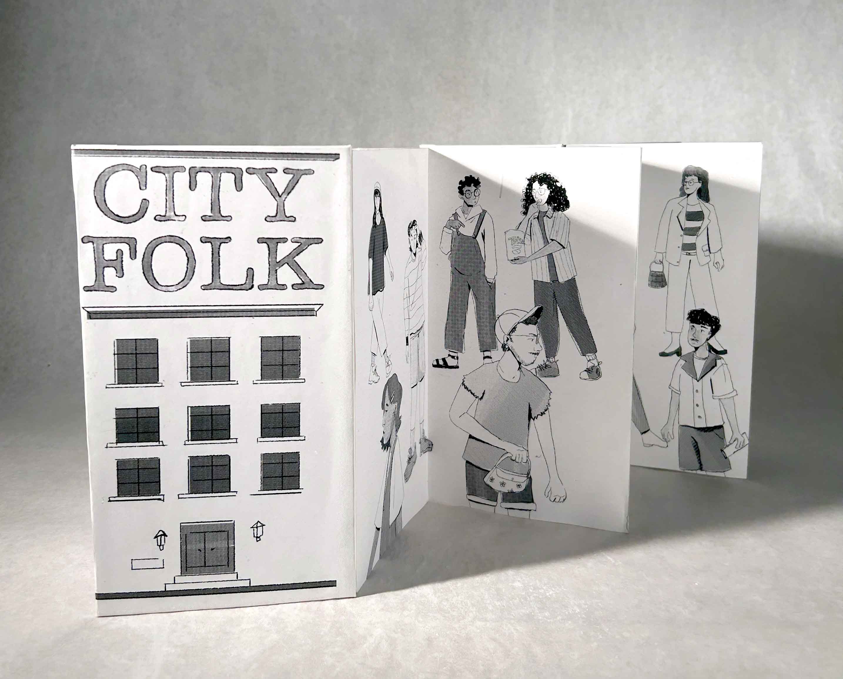 Folded brochure titled 'CITY FOLK' with illustrations of people in casual clothing, standing and walking, on a light background.