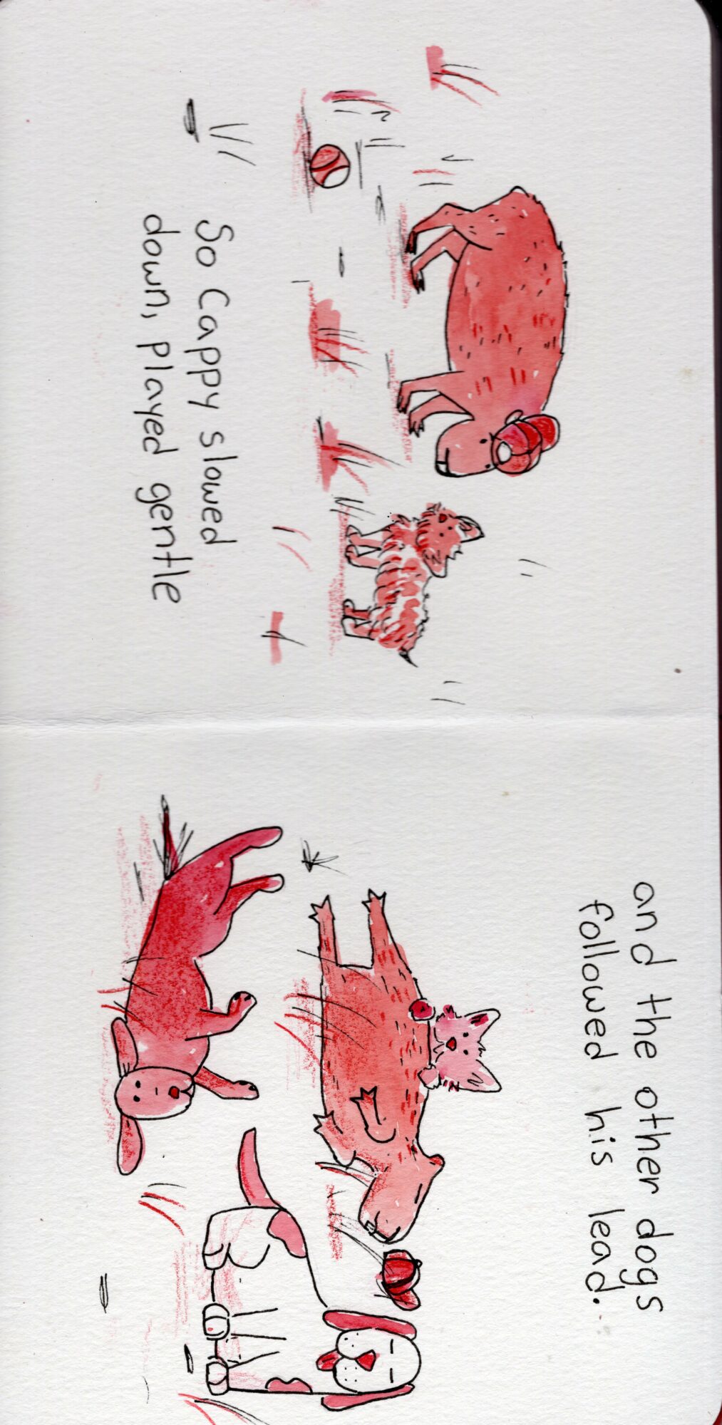 Two pigs and a dog in a farm scene with a child, with handwritten text about a happy land and dogs on a farm.