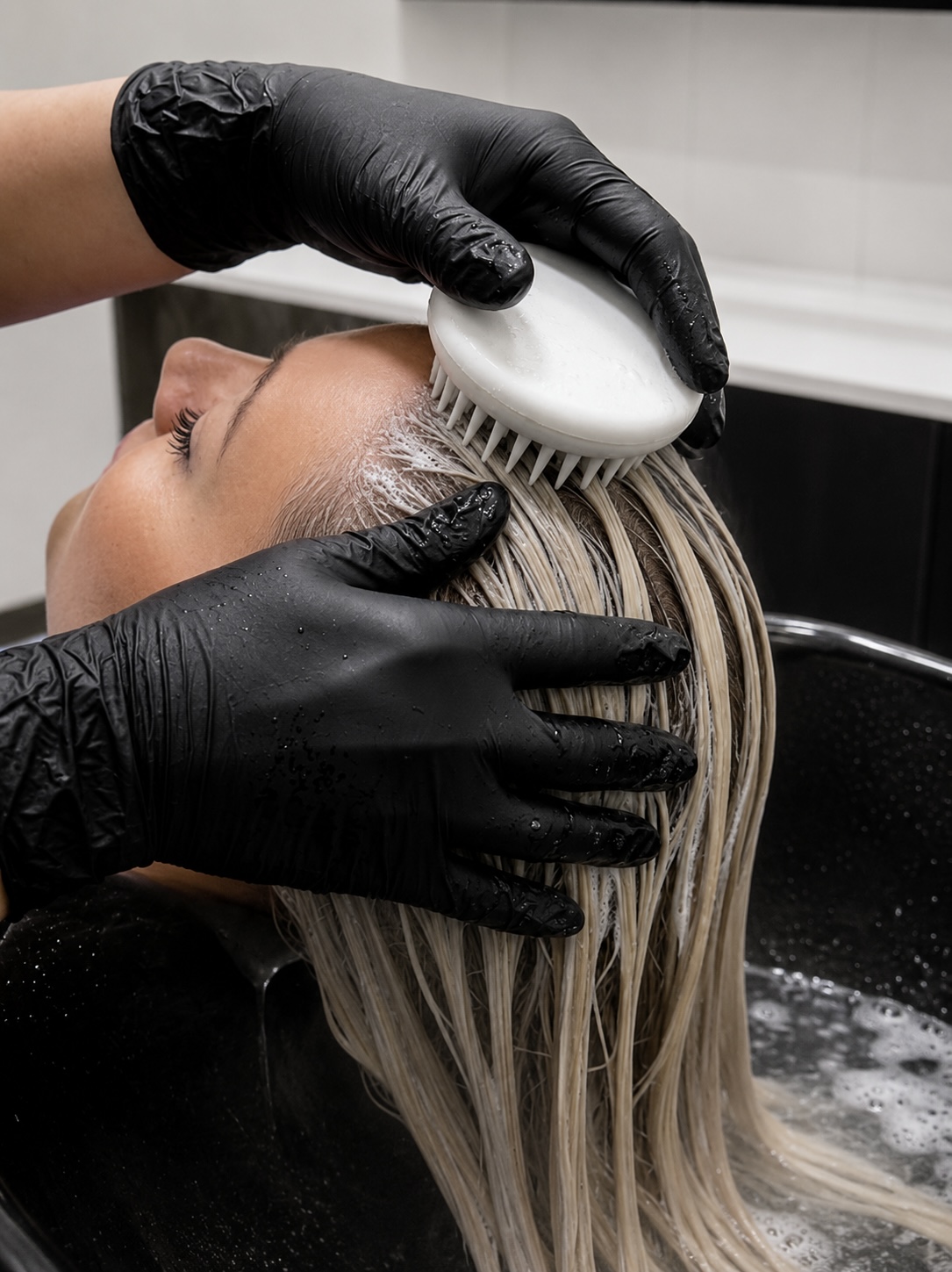 Person receiving a scalp massage with a brush, hair wet, lying back with a towel or basin nearby.