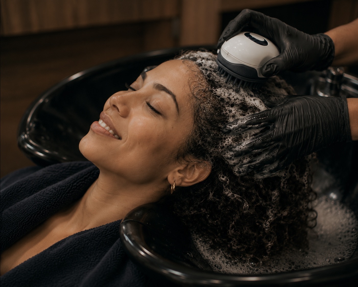Person with curly hair relaxing with head in a sink while someone washes hair, smiling with eyes closed.