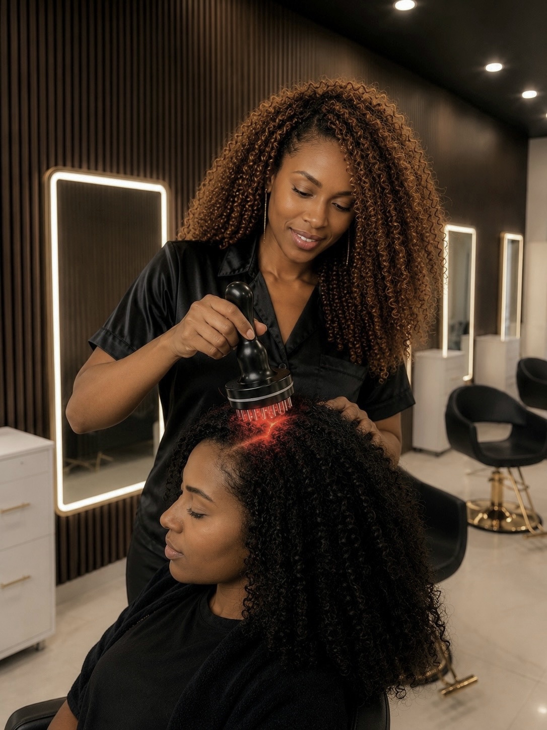 A hairstylist applies a treatment to a client's curly hair in a modern salon with illuminated mirrors.