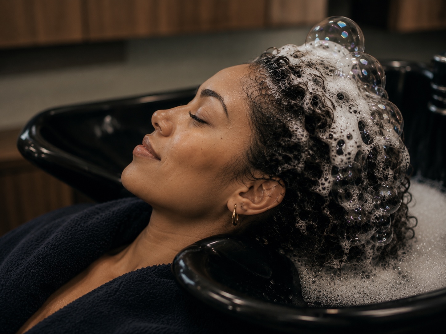 Woman with curly hair washing her hair at a salon sink, with foam and bubbles on her head.