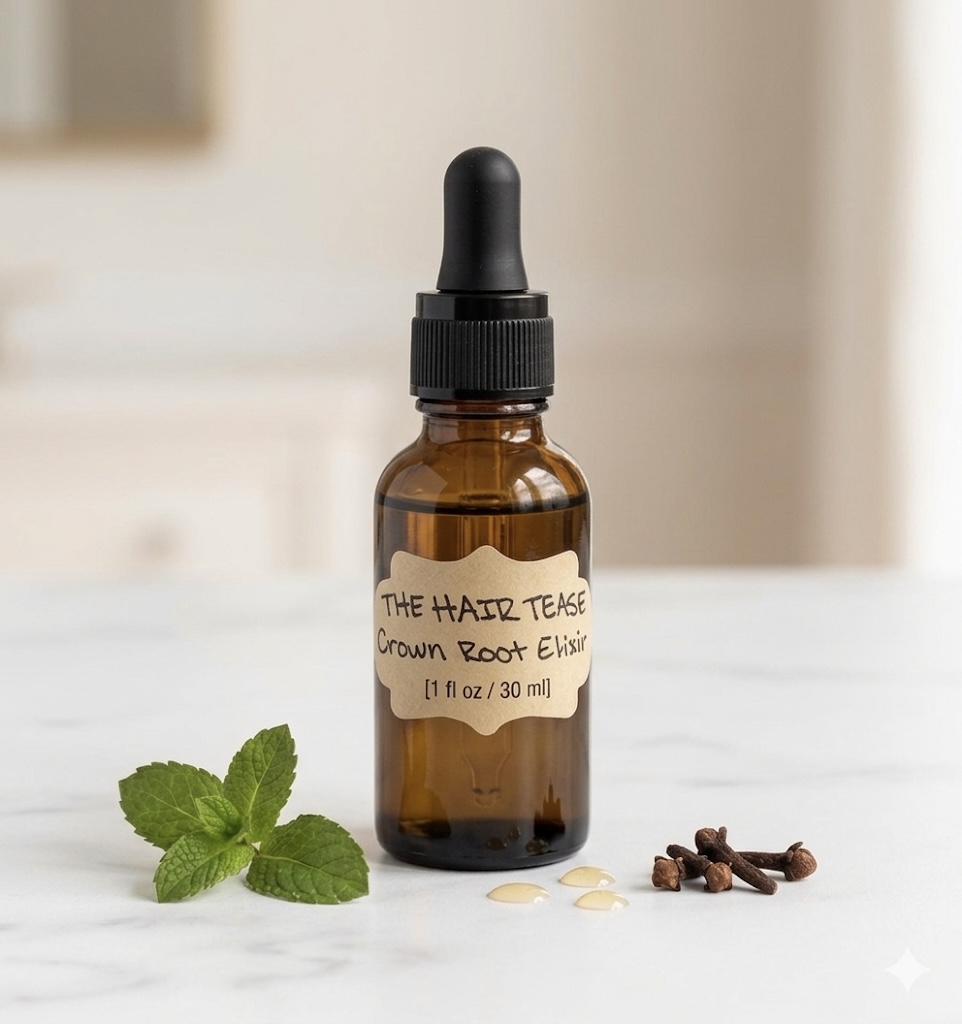 Dropper bottle labeled 'The Hair Tea' with mint leaves, seeds, and cloves in front, on a white surface.