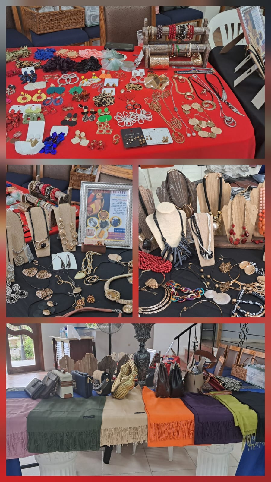 Table with jewelry, coins, and collectibles, with chairs and a window in the background.