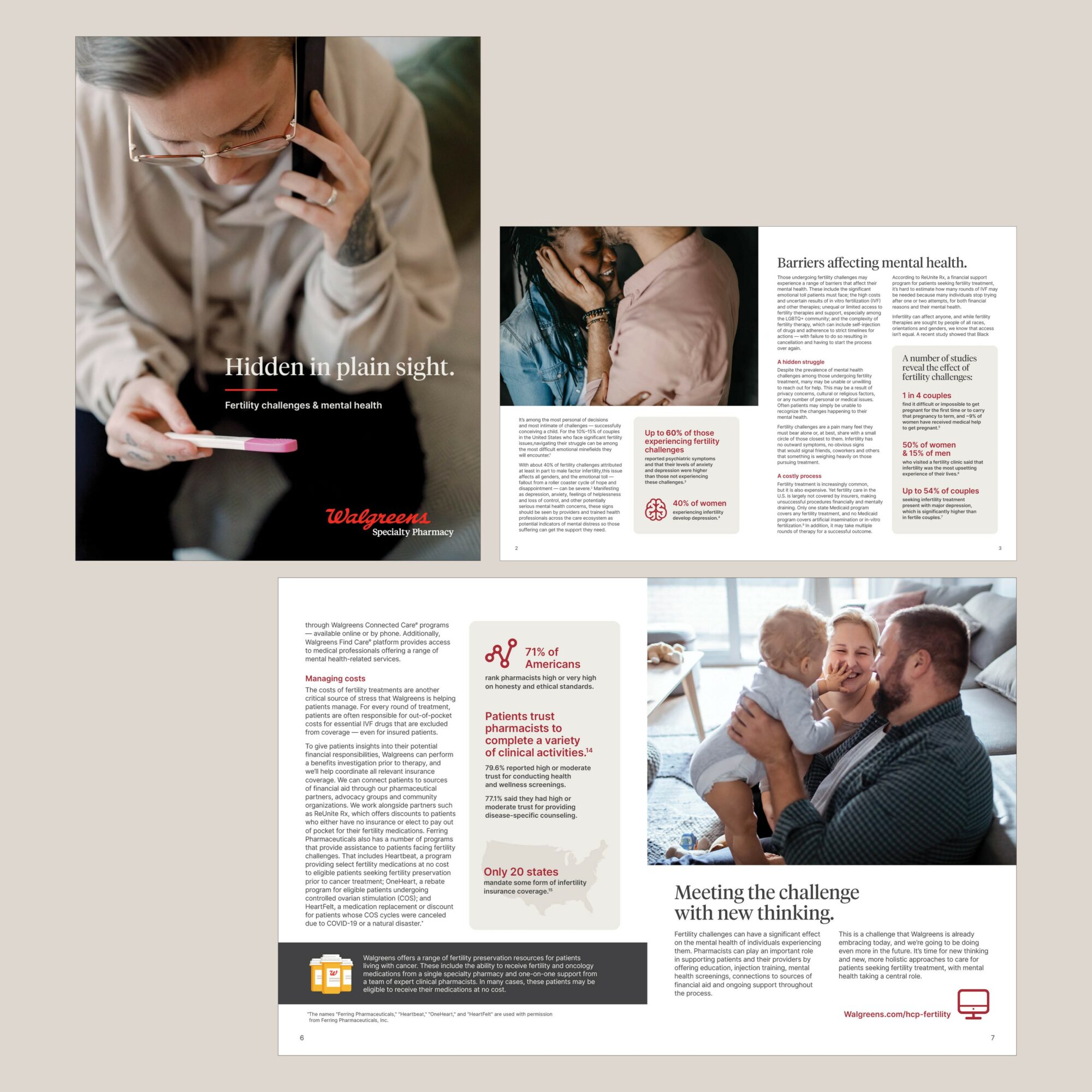 A woman in glasses talks on the phone and reads a document, with a healthcare theme. Three pages of informational content are displayed.
