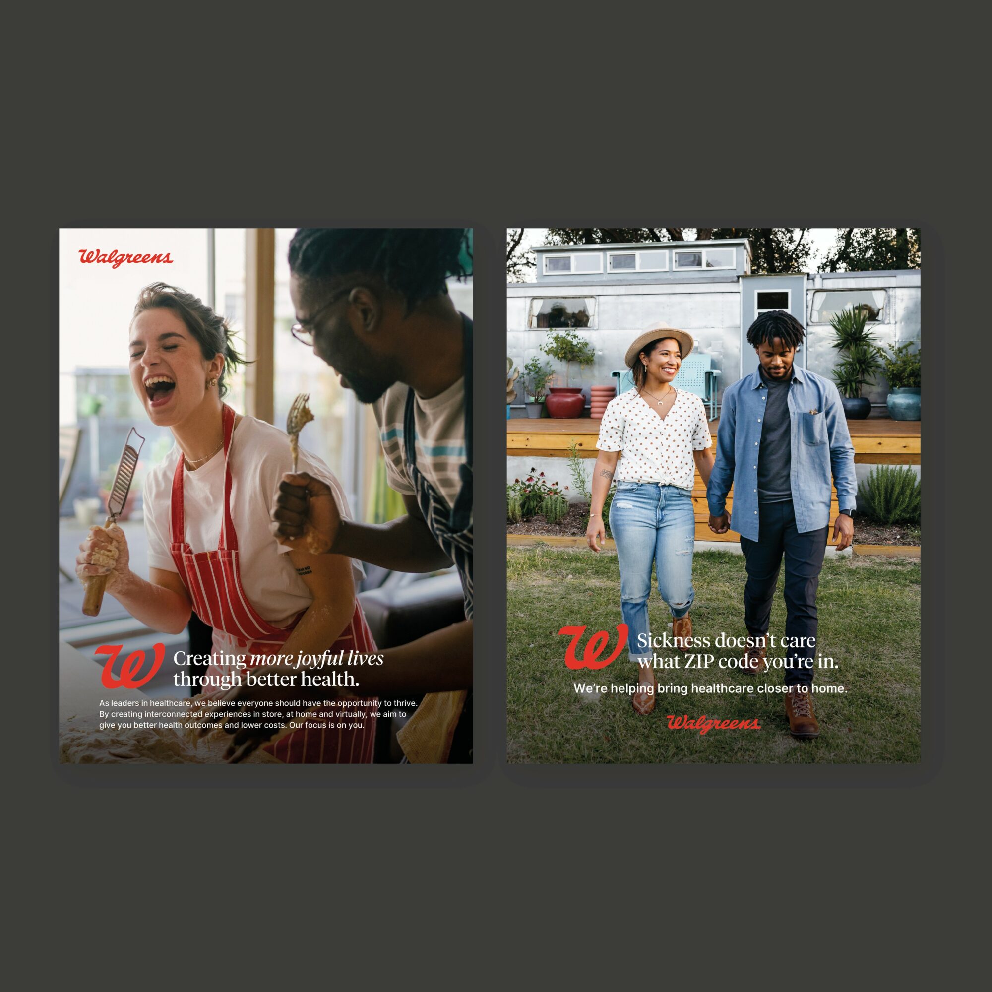 Two people laughing and cooking together in a kitchen, one holding a spatula, the other with a beard and glasses. Two people walking outdoors, a woman in a hat and a man in a denim jacket, smiling. Walgreens logos and text about health and wellness.