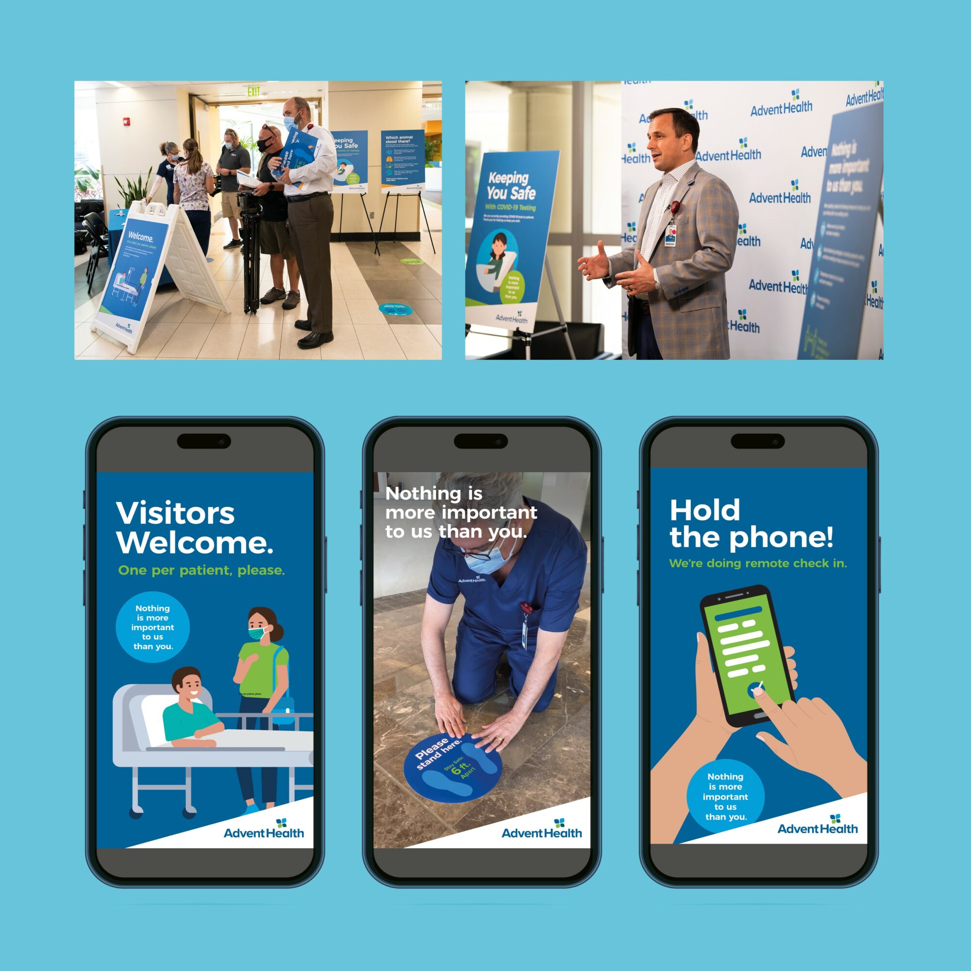 Three smartphones display digital instructions for visitors, including welcoming, important information, and holding the phone for check-in, with a person in blue. Word count: 20, confidence: 0.95