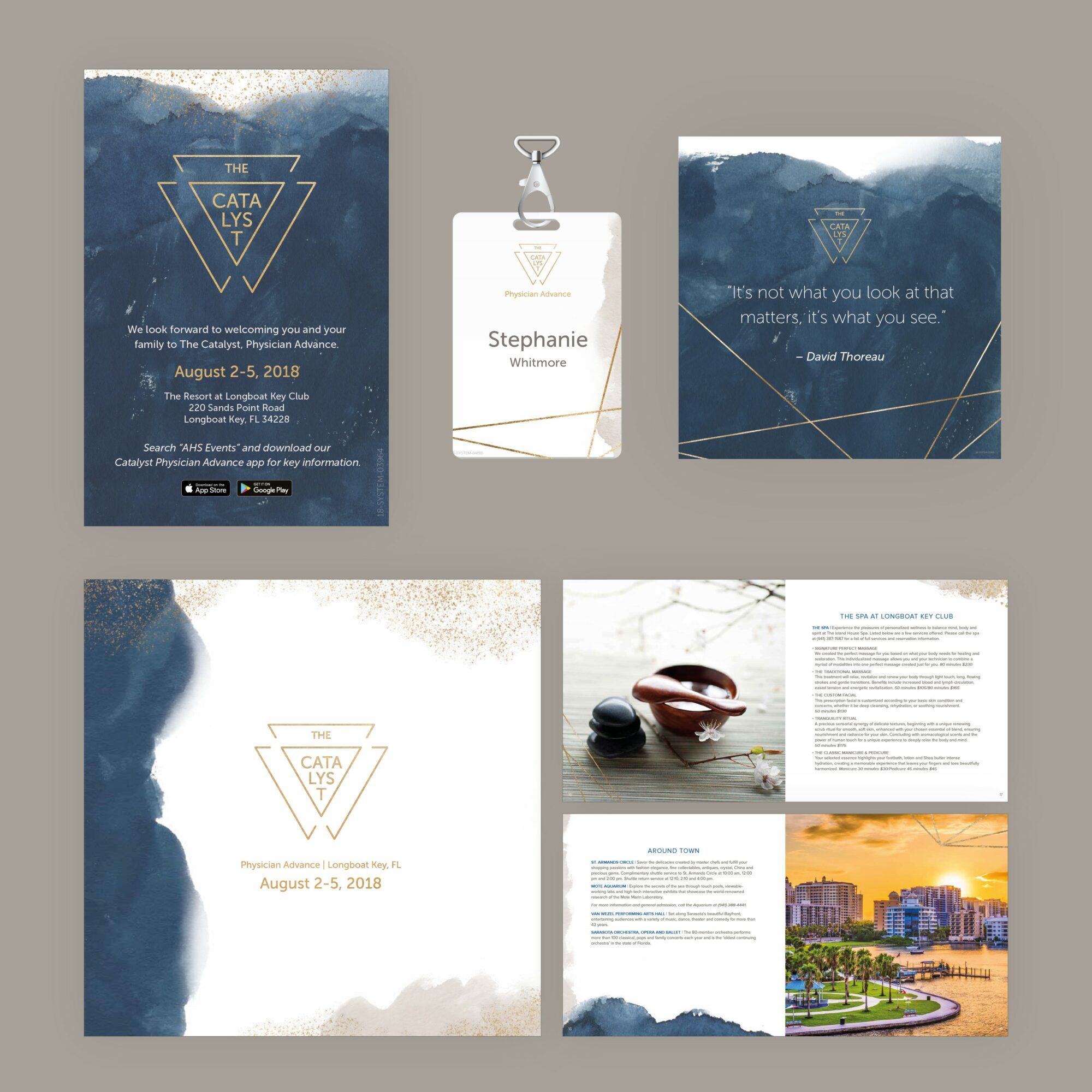 Six images, including event posters, a trophy, a quote, and scenic views, arranged in a grid. Text includes dates and event details.