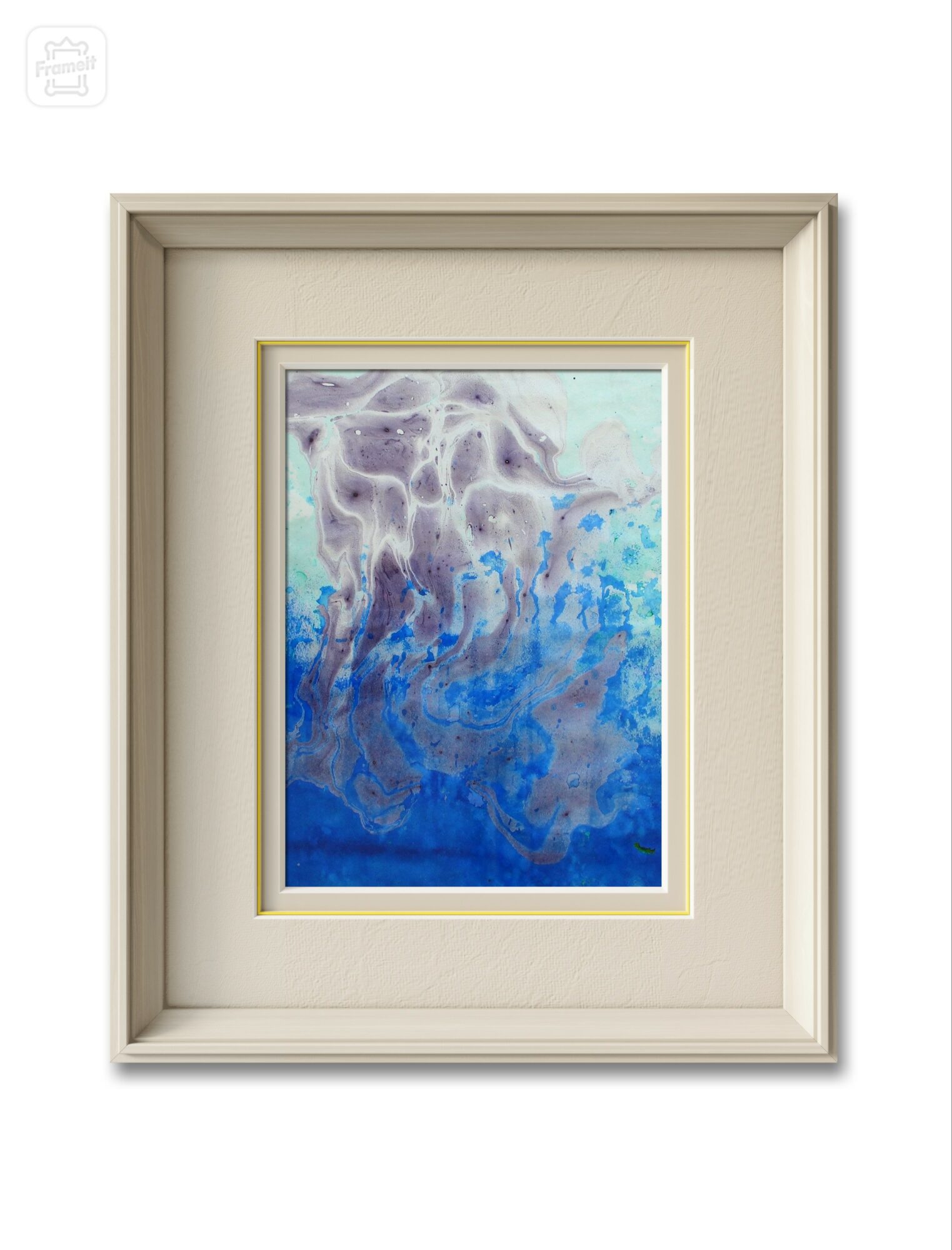 Framed abstract watercolor painting with purple, blue, and light colors, surrounded by a beige and gold frame.