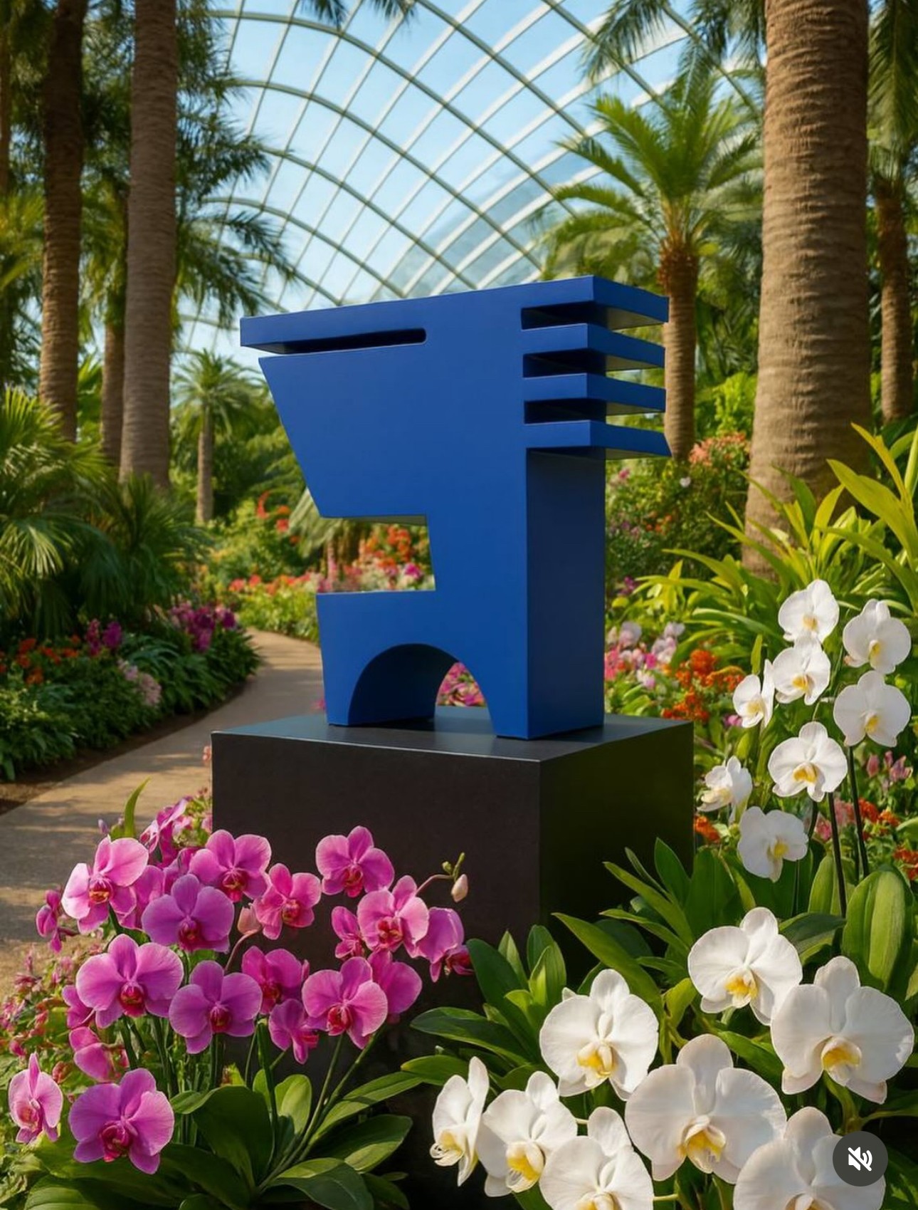 Blue abstract sculpture in a greenhouse with palm trees and colorful flowers around it.