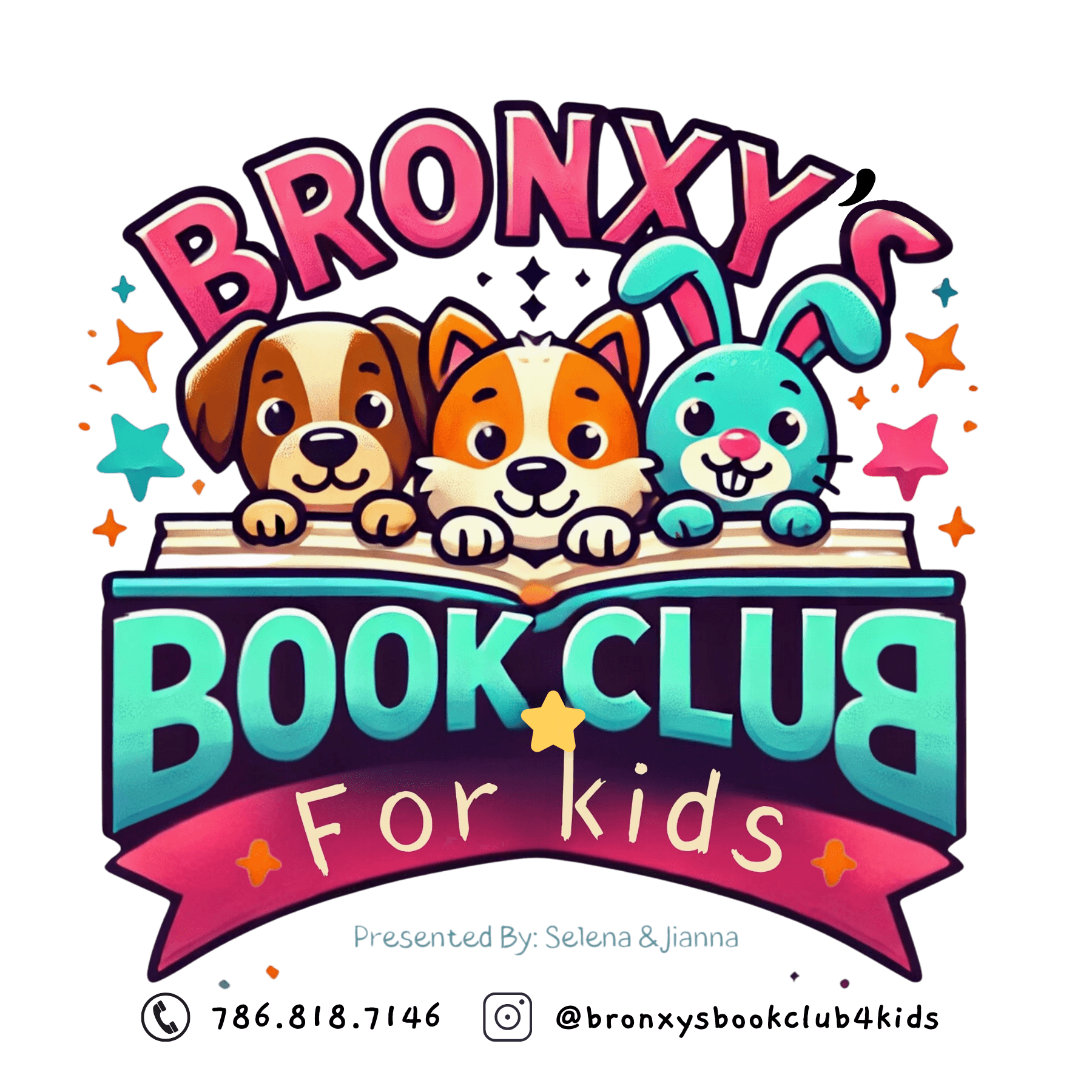 Colorful logo with three cartoon animals, text 'Bronx Book Club for Kids,' and decorative stars and hearts.