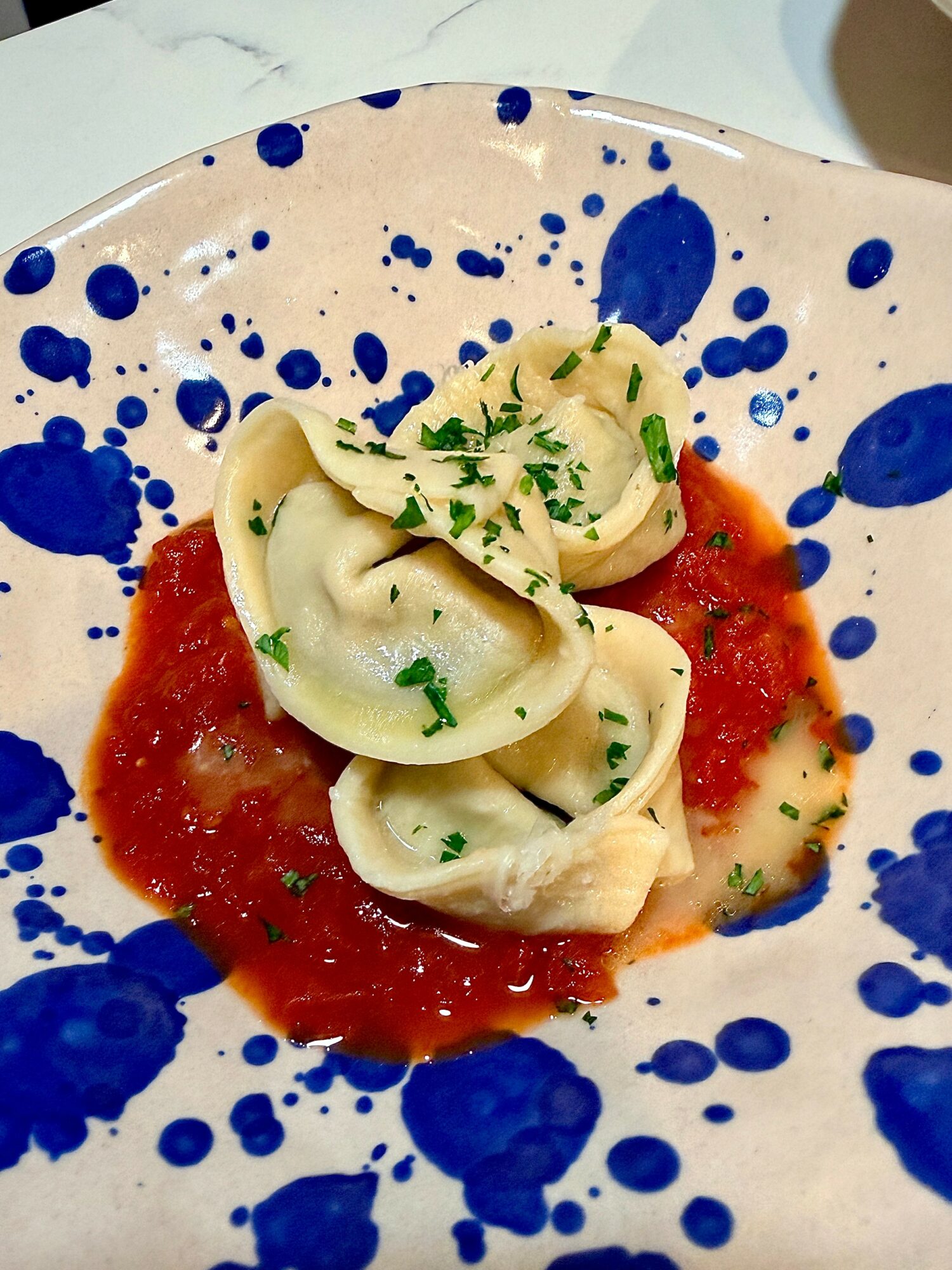 Dumplings with herbs on tomato sauce in a blue and white speckled bowl.