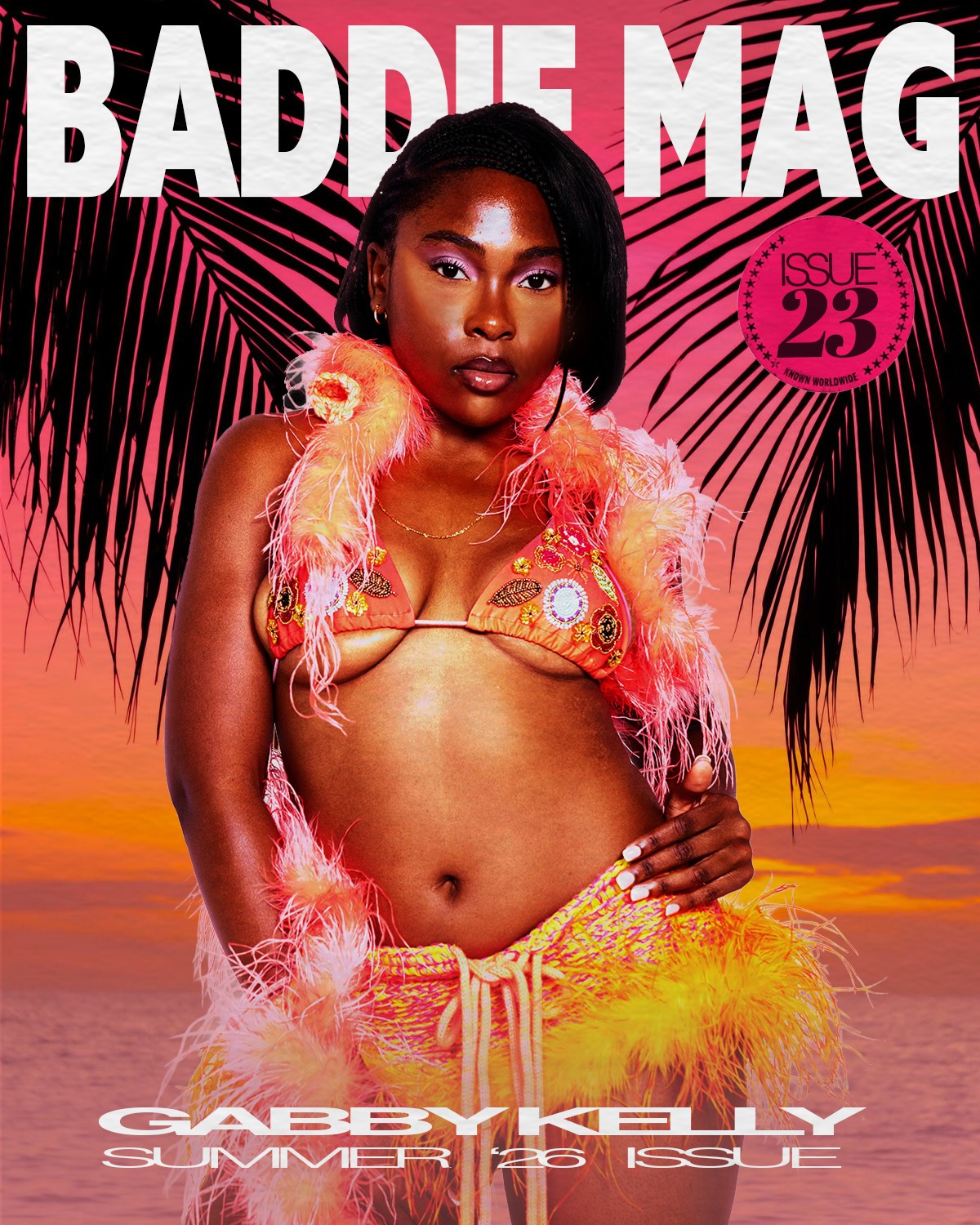 Woman in colorful outfit with pink feathers, standing against a sunset background with palm trees, on magazine cover.