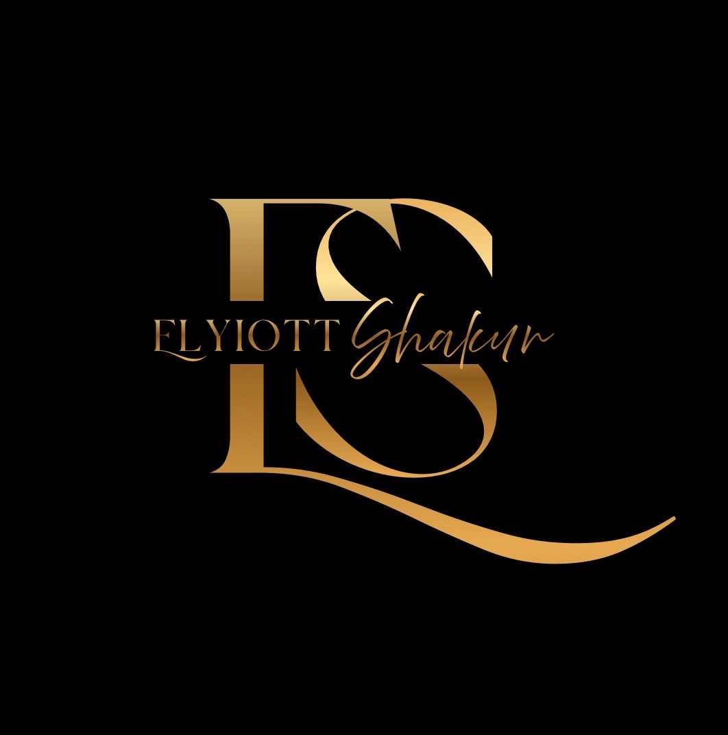 Gold and black logo with stylized initials and text, reading 'Flyiott Ghaur', on a black background.