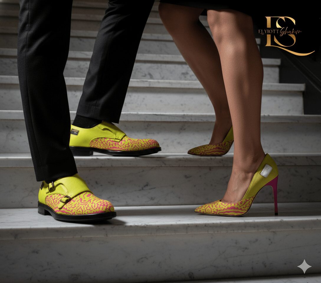 Close-up of two people standing on stairs, wearing colorful shoes and high heels, with a partial view of their legs and clothing.