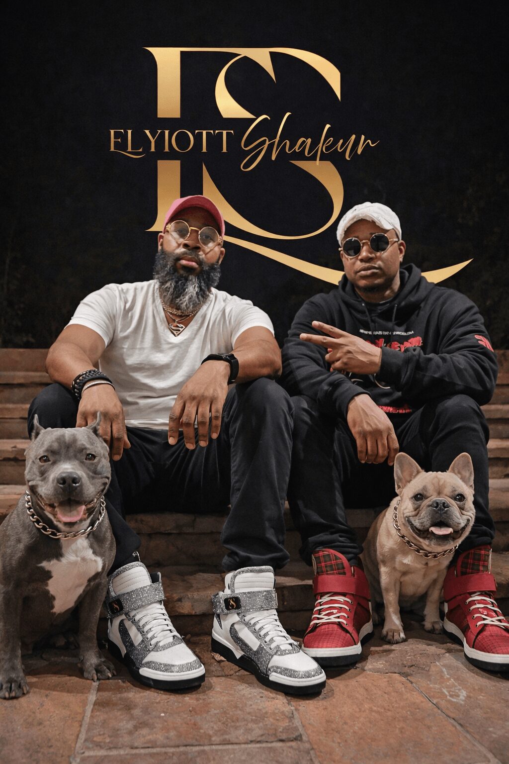 Two men sit on a bench with two dogs, one on each side, in front of a black background with gold text.