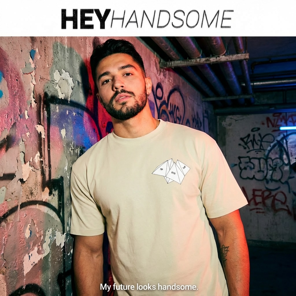 Young man with beard and short hair standing against a graffiti-covered wall, wearing a beige T-shirt with a geometric design.