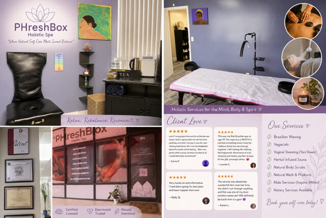 Spa room with massage table, treatment tools, and relaxing decor, including a wall with a large mirror and shelves.