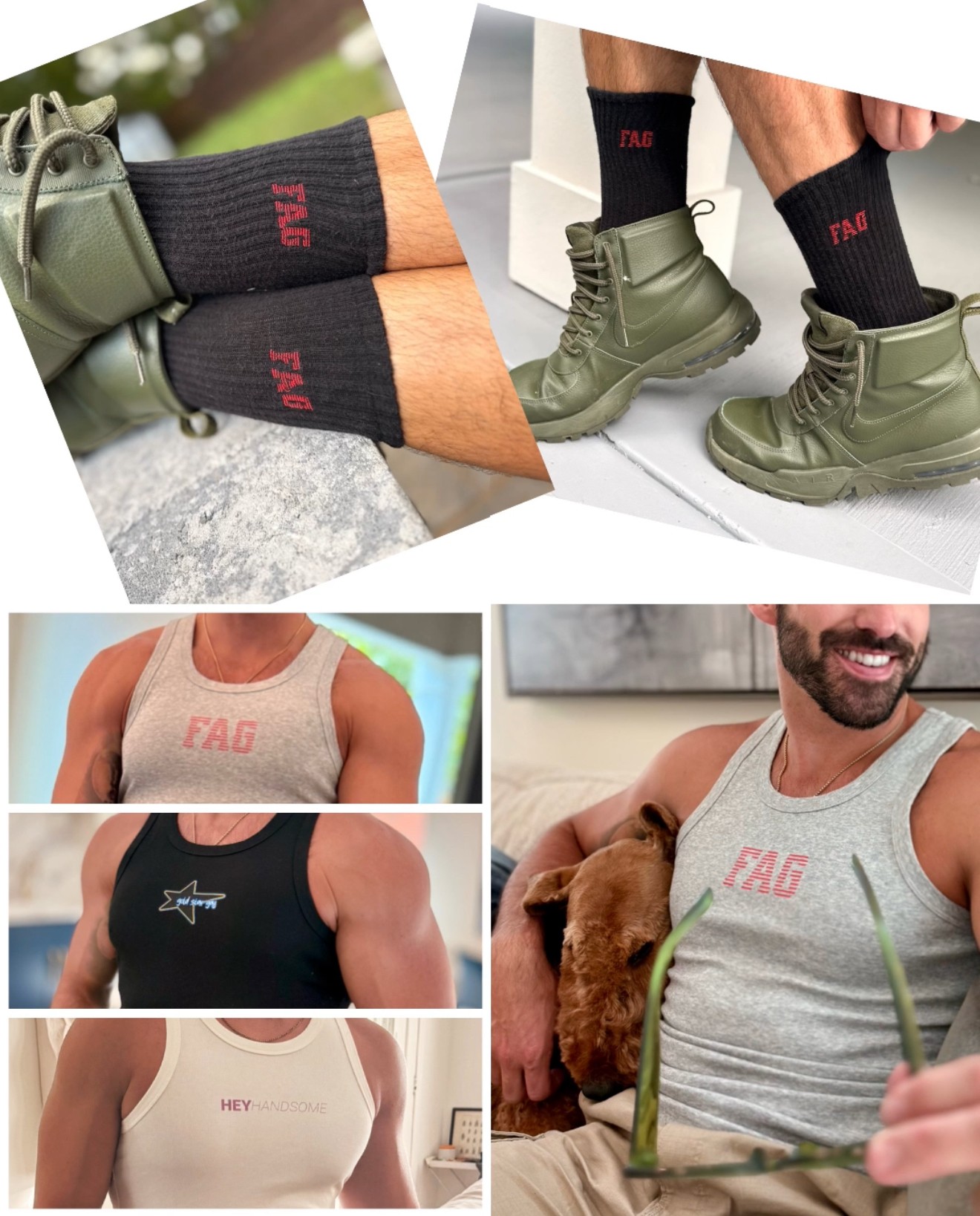 Four images: socks, boots, tank tops, and a man holding a dog, all with casual or athletic clothing, no text visible.