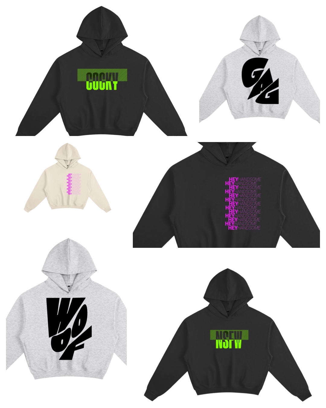 Six hoodies in black, white, and cream with various graphic designs and text, arranged in two rows.