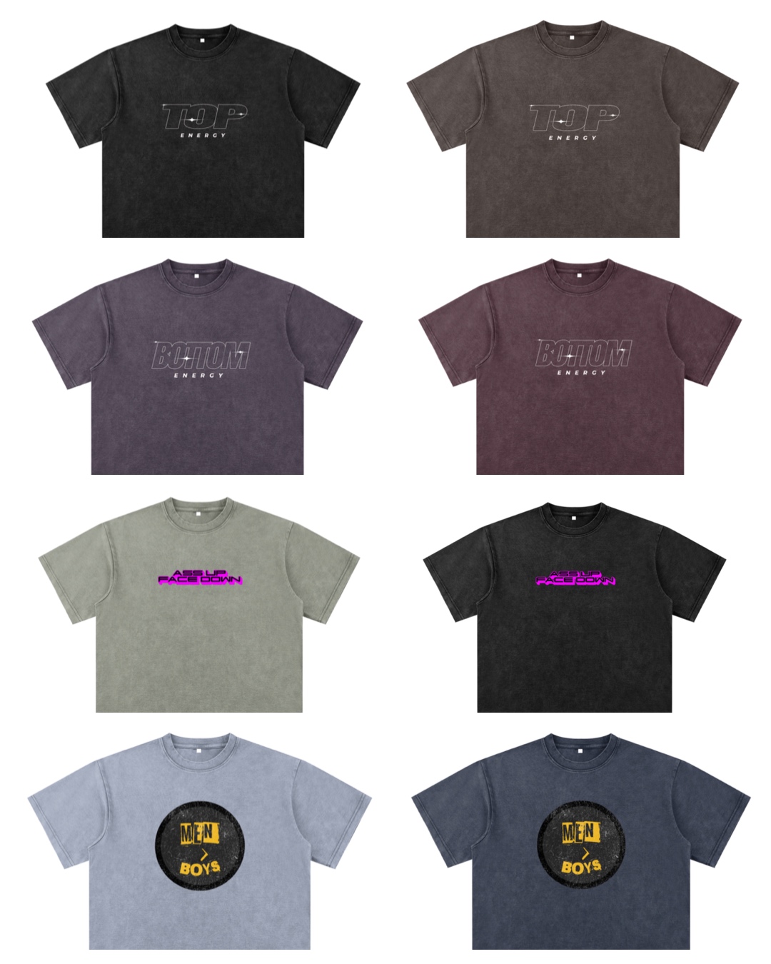 Eight T-shirts in various colors with different logos, arranged in two rows of four, on a white background.