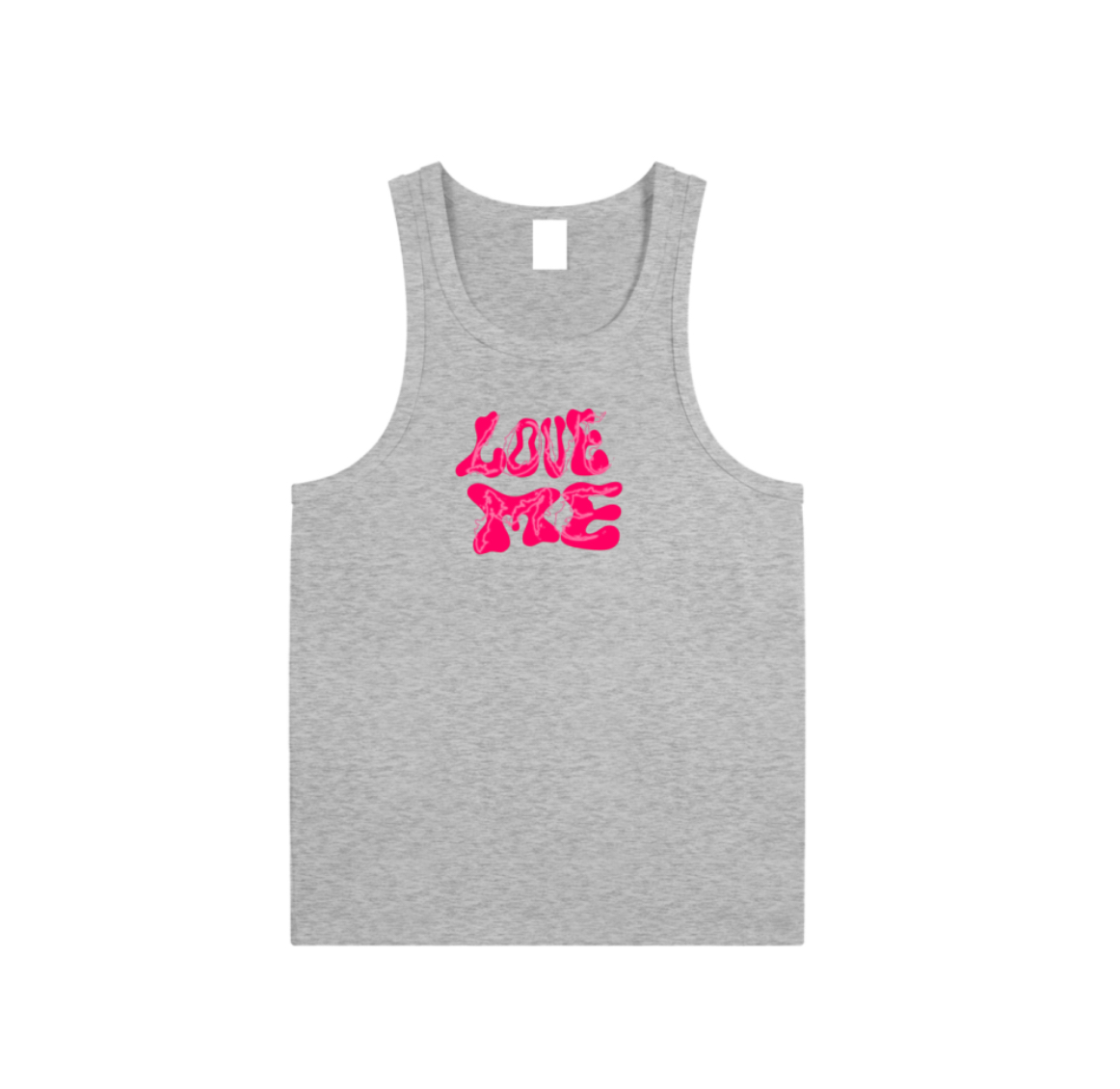 Gray sleeveless shirt with pink text reading 'LOVE ME' in a stylized font.