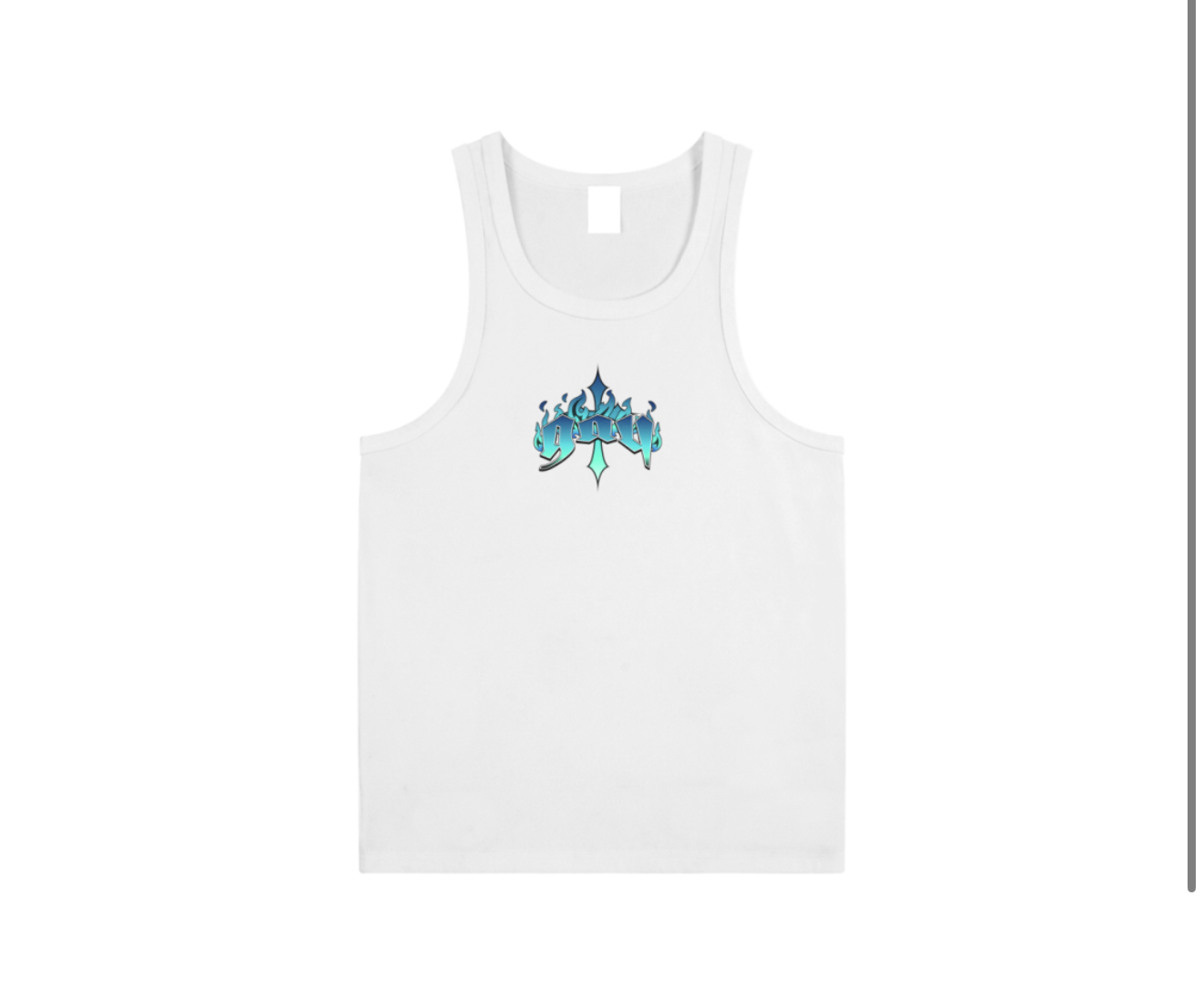White tank top with a blue and green graphic design on the front.