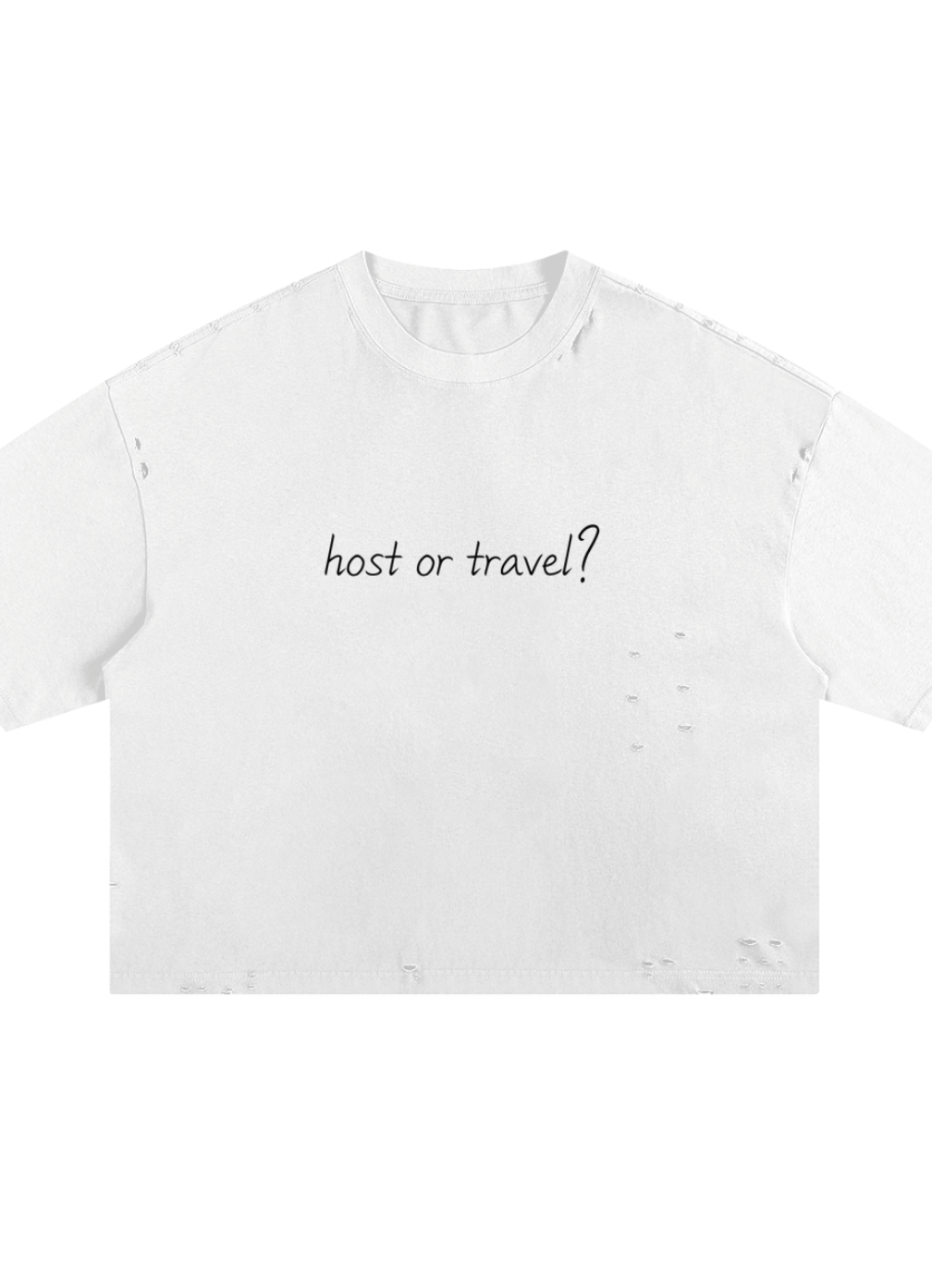 White cropped sweatshirt with black text reading 'host or travel?' on the front.