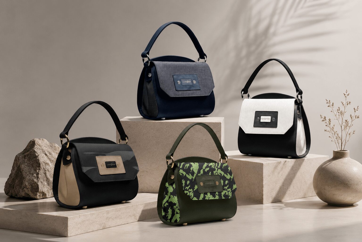 Four handbags displayed on platforms with a rock and a vase with dried plants, in neutral and patterned colors.