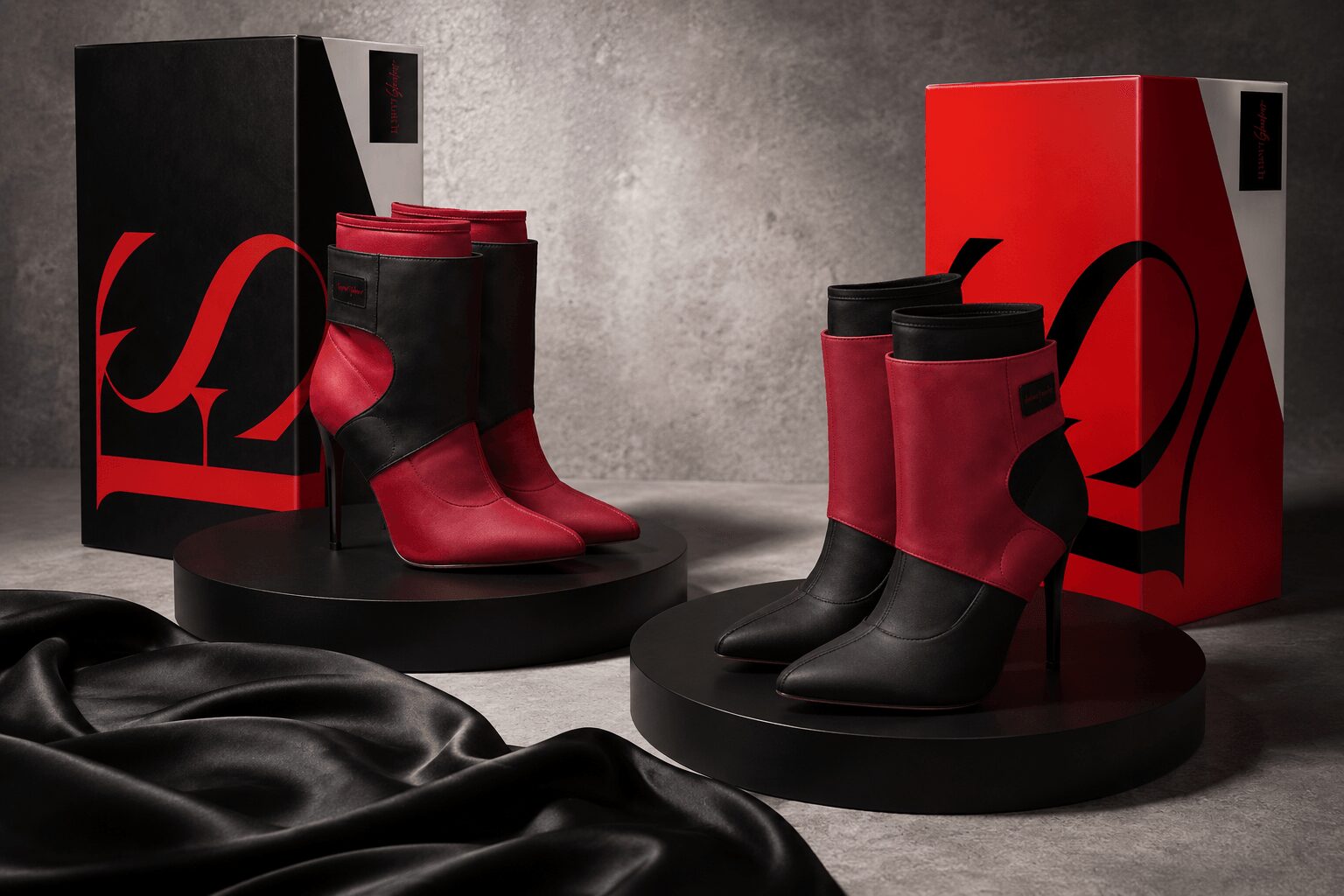 Two pairs of red and black boots on black circular platforms with red and black boxes behind them, on a gray background.