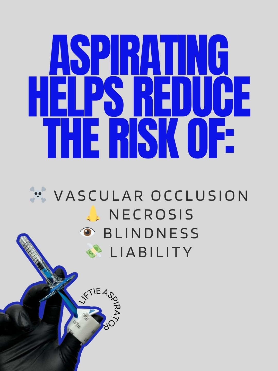Text about health benefits of aspirating, including reducing risk of vascular occlusion, necrosis, blindness, and liability. Person holding syringe.