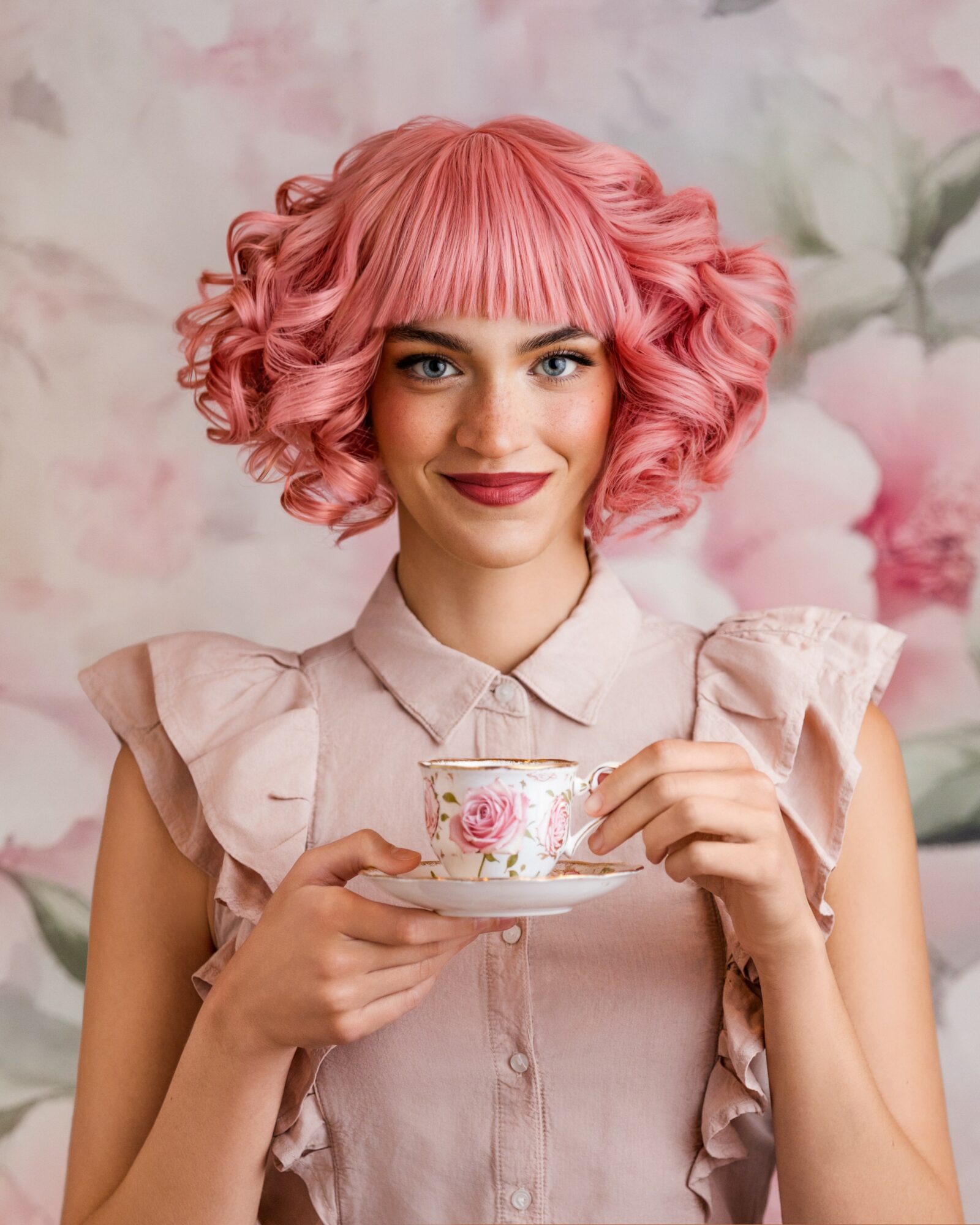 Young woman with pink curly hair holding a floral teacup and saucer, smiling, against a soft floral background.