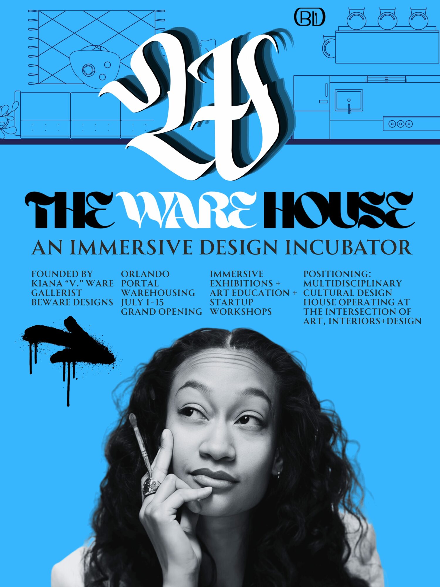 Text overlay on a blue background with a black and white portrait of a woman, promotional content for an immersive design incubator.
