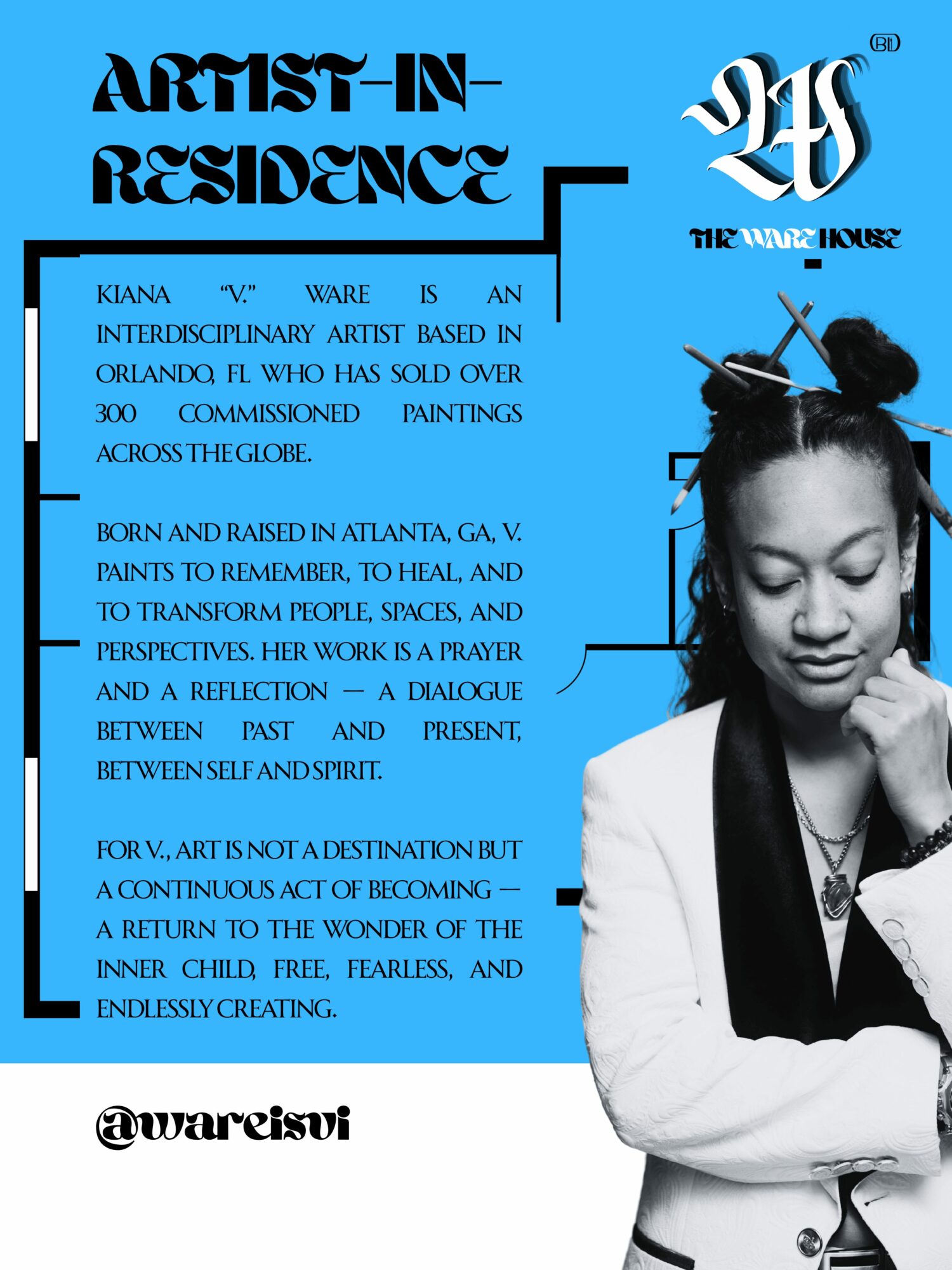 Black and white photo of a woman with braided hair, partially visible, with blue background and text about an artist-in-residence program.