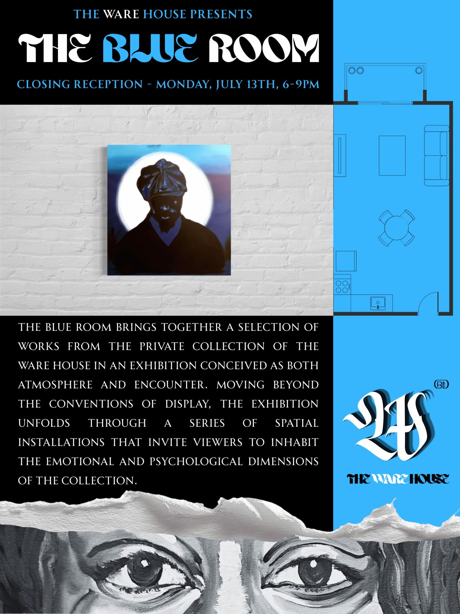 Event poster for The Blue Room exhibition, featuring a portrait of a person with glasses, and a blue background with architectural drawings.