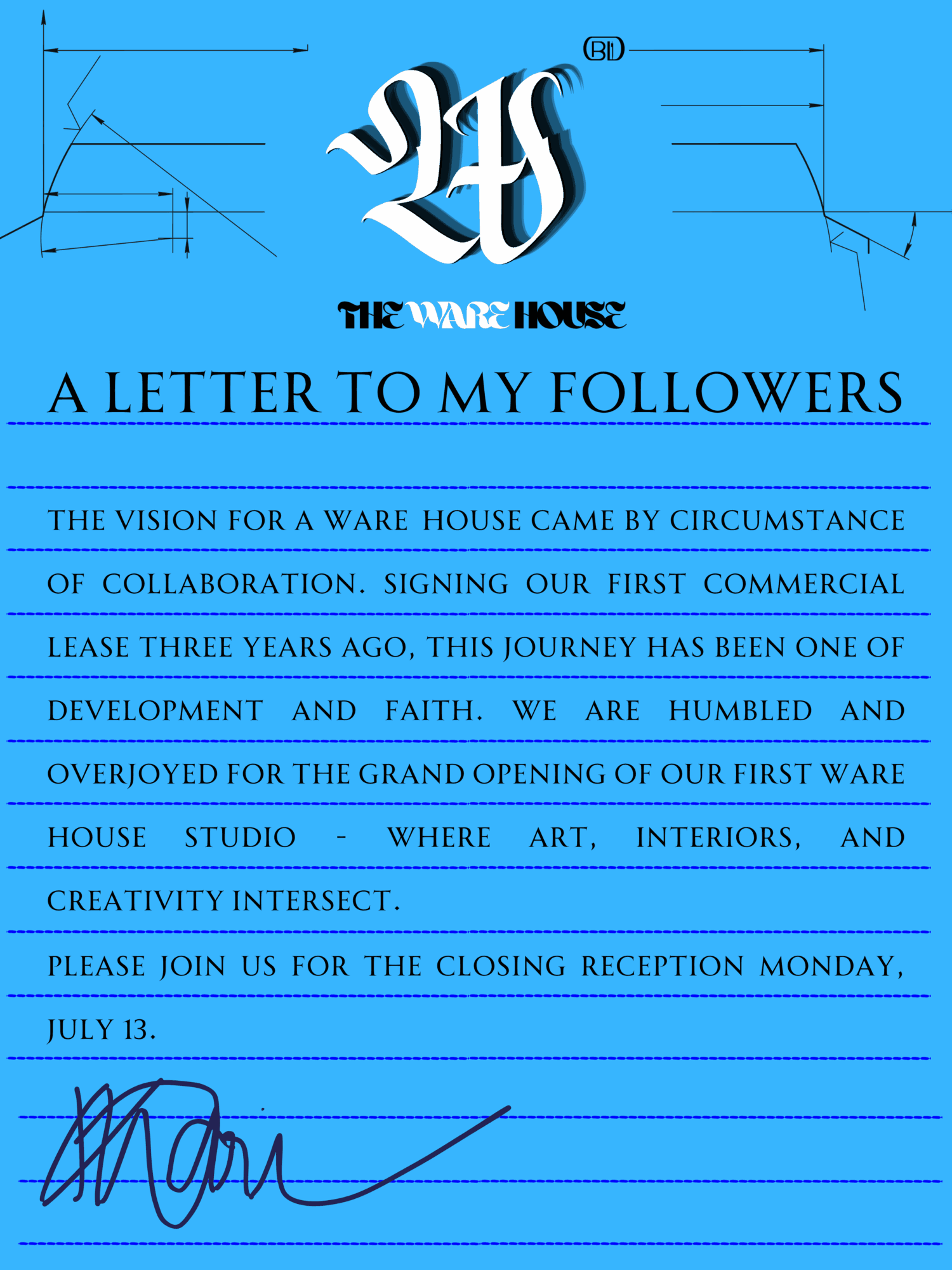 Letter on blue background with text about warehouse opening, signed at bottom, with architectural sketches in corners.